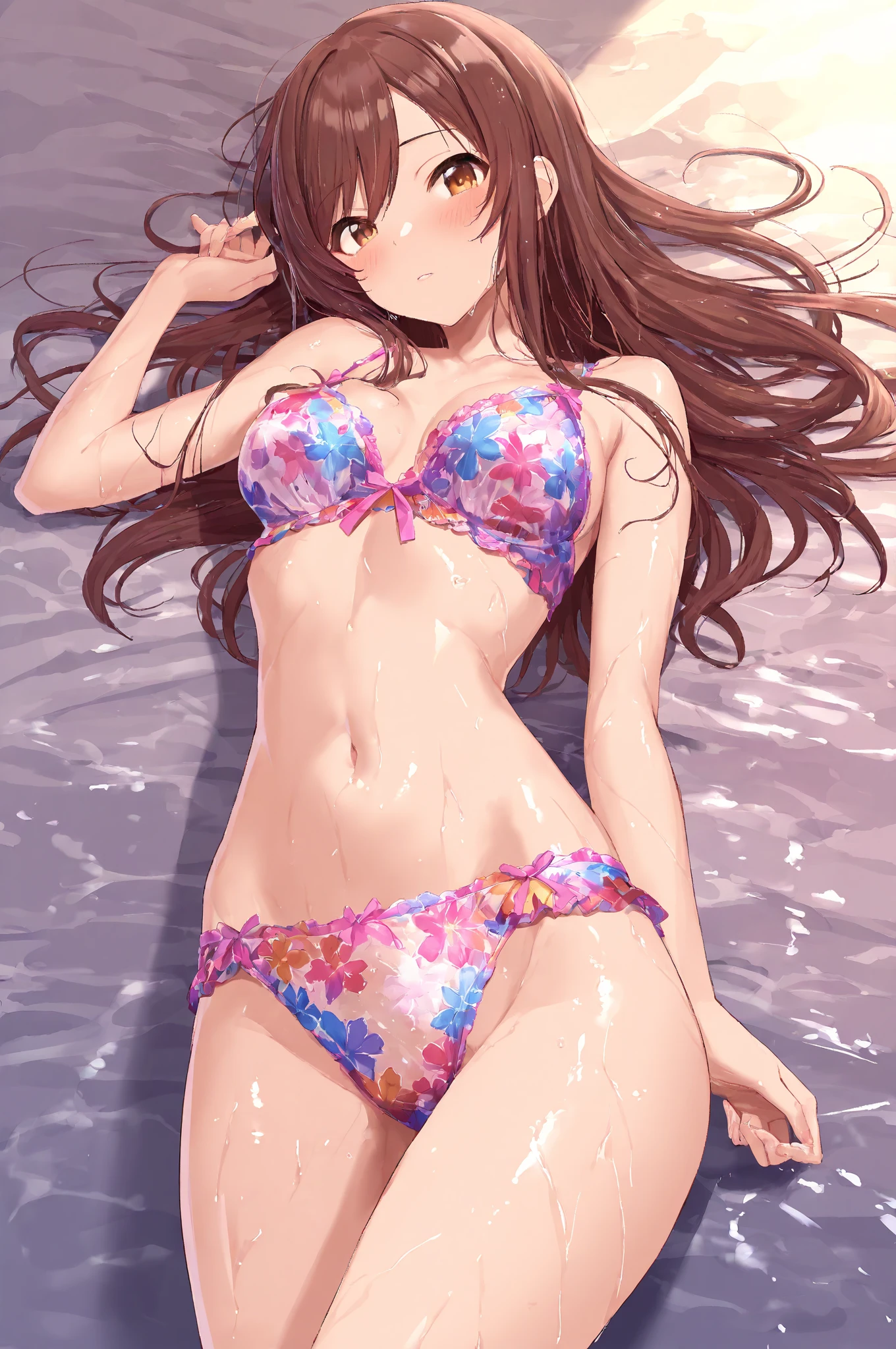 masterpiece, best quality, 1girl, looking at viewer, cute, bikini, seascape, sunlight, medium breasts, purple eyes, shidou irina, orange hair, long hair, twintails, beautiful detailed eyes, beautiful detailed glow, lots of glow, embarrassed, (cowboy shot:1.4)