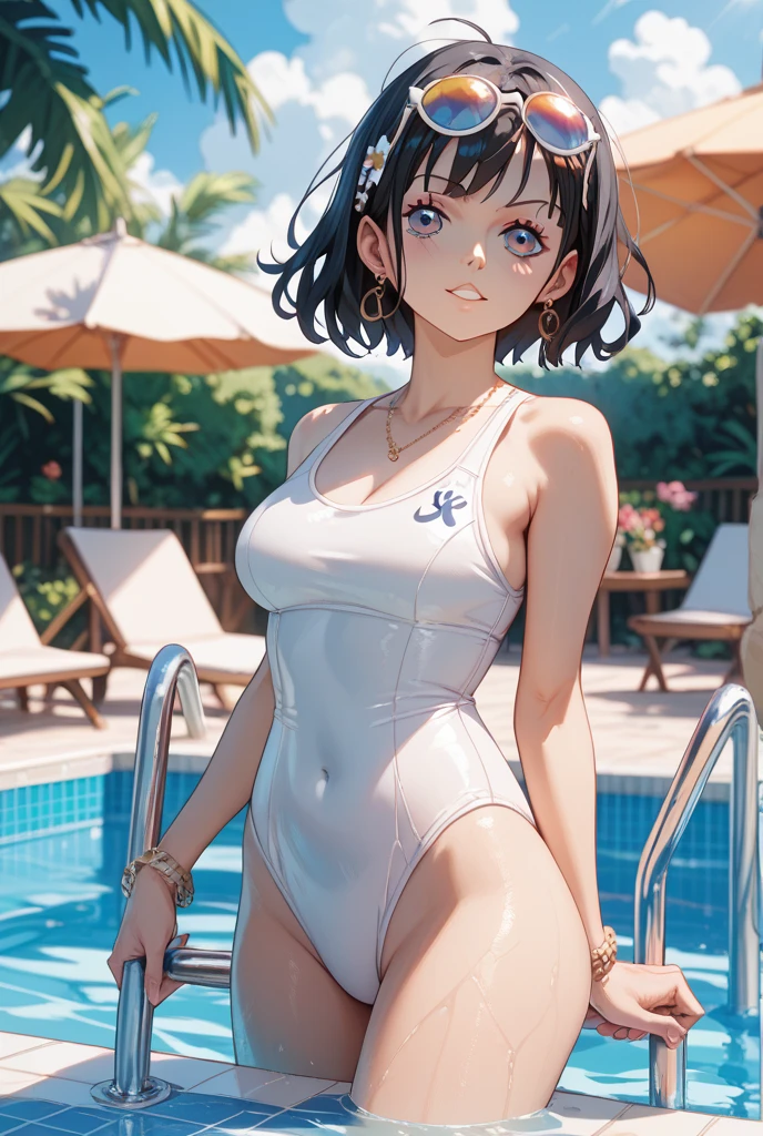 ((The sun's rays illuminate the whole body))、Photoreal:1.5、realistic写真、(((by the pool、kneeling)))、20-year-old gravure model、perfect body、1 girl、solo、Taken from diagonally above、Micro Mini Ultra High Leg、Ultra Ultra High Legs 、masterpiece、highest quality、realistic、hyper detail、(shiny skin、No umbilical)、absurd、look at the camera、brown eyes、Slender、dynamic lighting、High resolution、sharp focus、Depth of bounds written、detailed eye、beautiful big eyes、realistic eyes、(huge :1.4)、(thin thighs:1.2)、、troubled eyebrows、(blush)、(dynamic lighting、High resolution、sharp focus、Depth of bounds written、detailed eye、beautiful big breasts:1.4)、(thin thighs:1.2)、smile、blush)、
