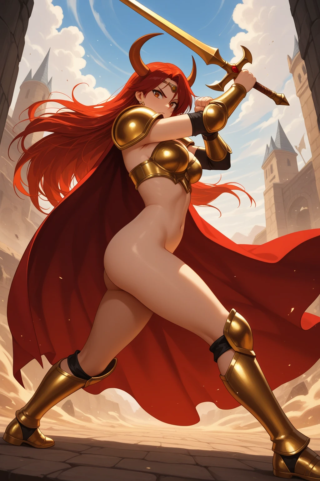 Masterpiece, best quality, full hd 8k, highly detailed, picture perfect, solo, 1 woman, mature, medium breasts, golden eyes, long red hair, mischievous look, mischievous smile, sharp teeth, knight, standing, legs apart , full body, revealing clothing, micro bikini armor, thong, nude armor, plush cape, excessive female pubic hair, hairy pussi,  shoulder armor, shoulder pads, armor heel boots, sabaton, greave, poleyn, tasset, lame, bracers, gauntlet, couter, rerebrace, dor background, nfsw