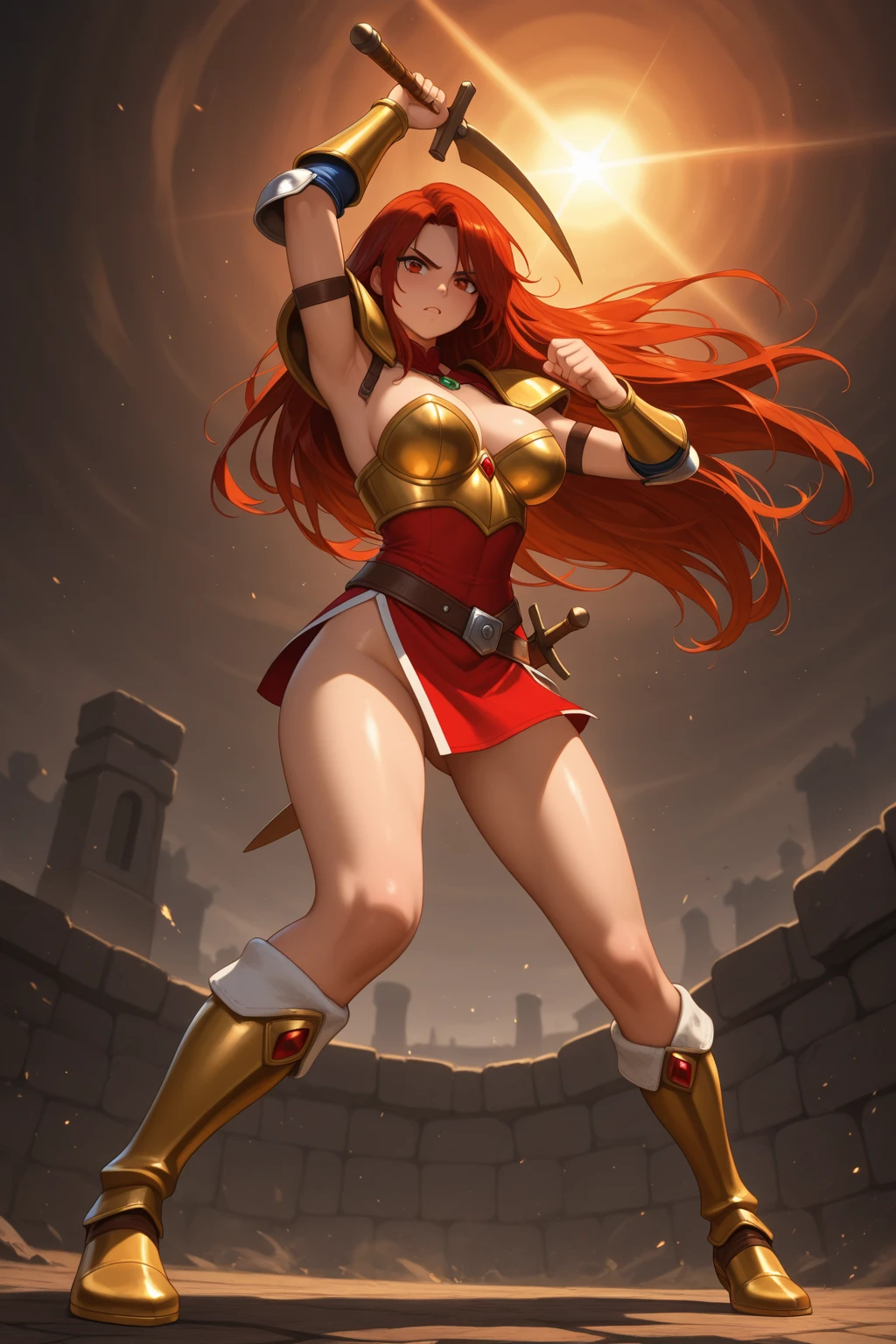 Highest image quality，Outstanding details，Ultra-high resolution，4K image, assembly, best quality, masterpiece, movie lighting ，Sexy，Huge breasts，cleavage，in combat operations，The flash of light in the hand，Golden lightning surrounds，red wavy hair，Red eyes，Lipstick，Gold Armor，Amot hardware has cracks，Smile，in ruins，The ground cracks