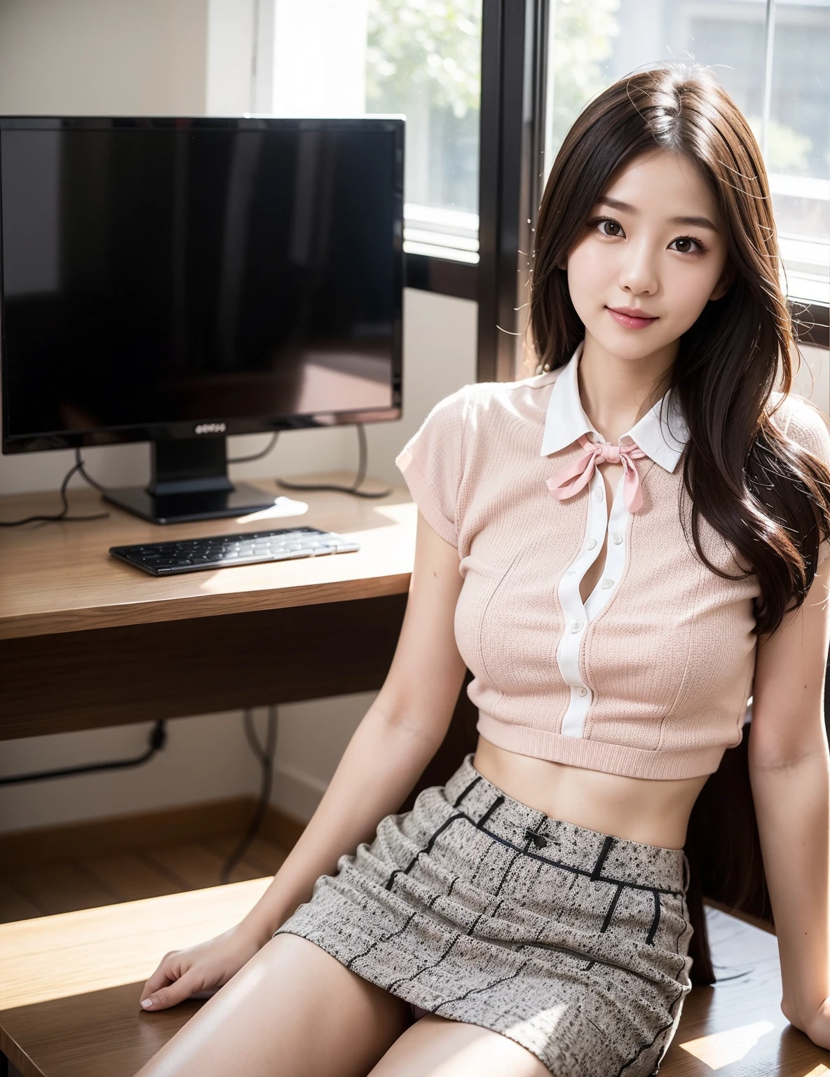 a 20 year old actress has got the most beautiful woman's face in the world, perfect propotions of a woman's body, blazer is worn on shirt, hands are off vagina between opened legs, two pairs of labia under clitoris, woman's pubic hair, sitting on a desk chair in office, nsfw, best quality, highly detailed, masterpiece, ultra high res, photo realistic, 8k