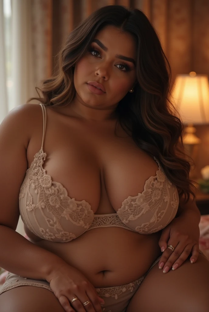 bbw girl, huge breasts, slim waist, thick thighs, large hips, plunge bra, lace thong, looking at viewer, cinematic aesthetic, high quality, detailed background, professional photo, bokeh, natural lighting, fashion magazine cover photoshoot
