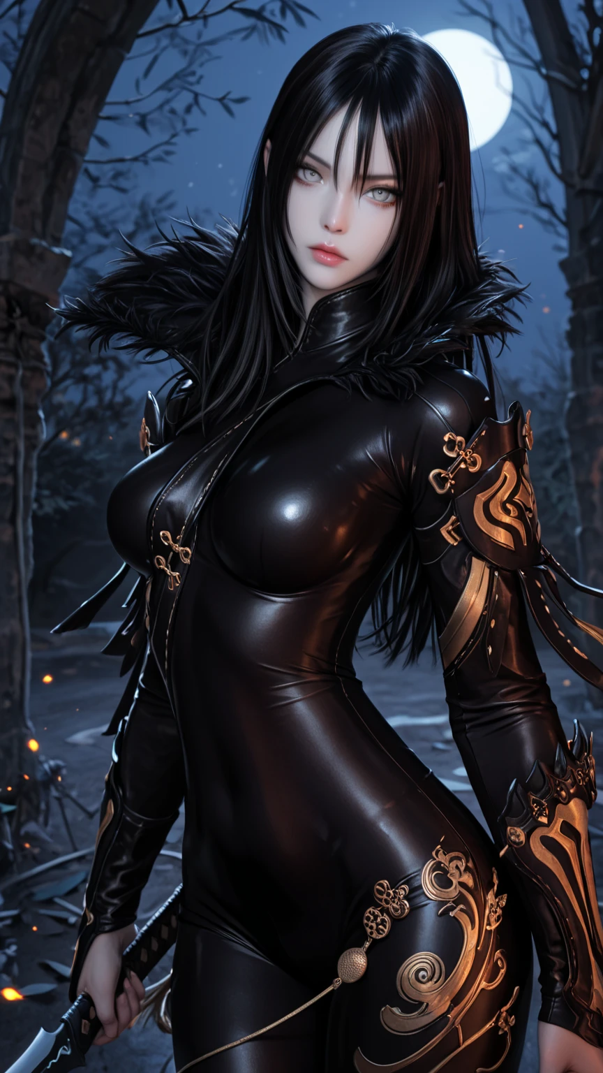 arafed femme dans une tenue noire et blanche debout sur un chemin de pierre, reine démon aux cornes blanches, personnage de witch noire, tenue fantastique, female character, Beautiful necromancer, dark witch full view, princesse elfe ????, dark witch, a beautiful witch, witch, belle succube, jeune elfe ????