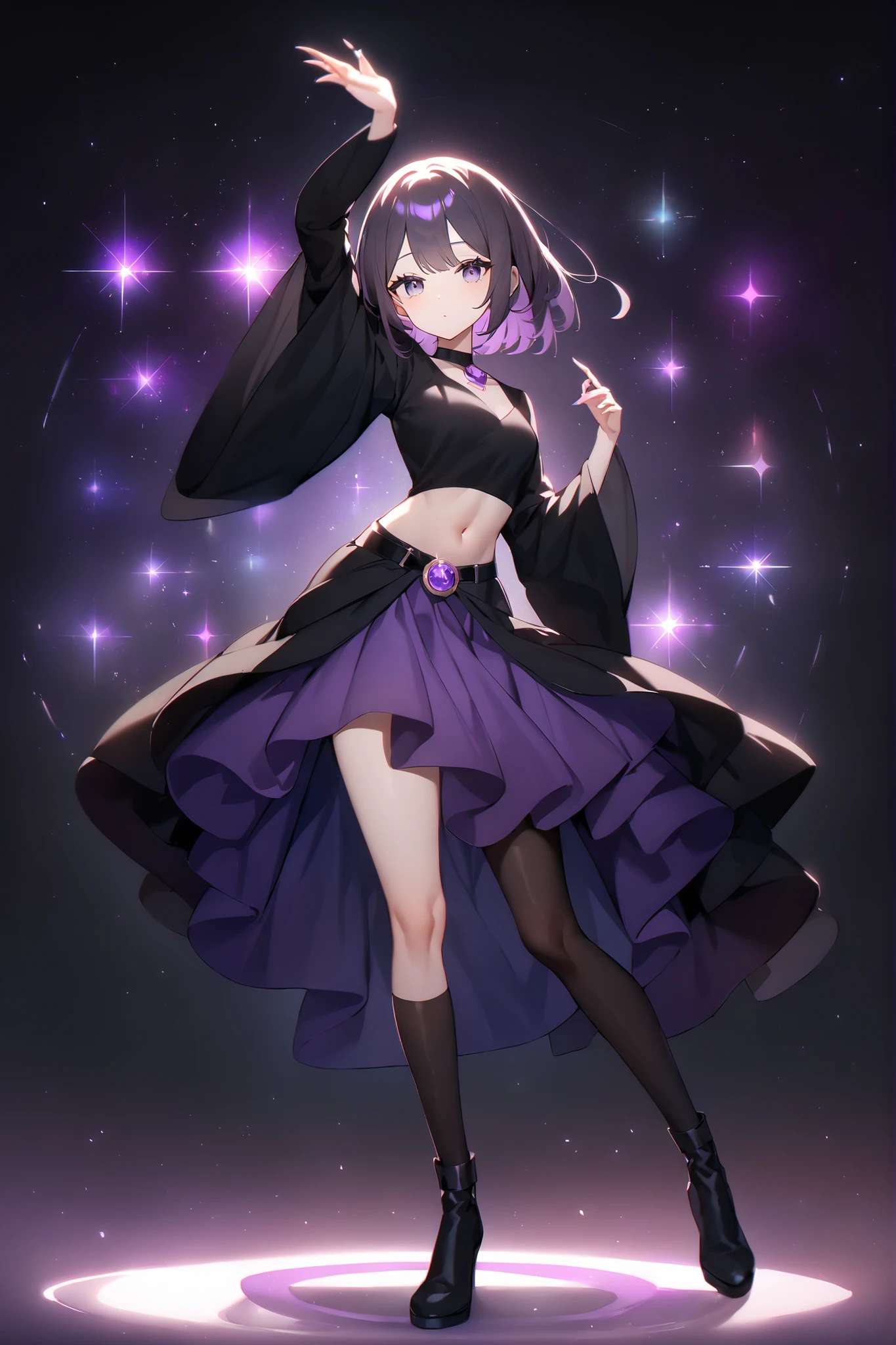 Girl:
Hair: Long, beautiful, slightly messy purple hair, styled beautifully, straight and reaching to her hips.
Eyes: Calm, gentle gaze, beautiful eyelashes, beautiful, starry-eyed purple eyes, innocent and sweet.
Body: Slender, pretty, with nice curves, long fingernails, wearing a simple party dress, a two-layer skirt, long, wide sleeves, fingerless gloves that show her nails, simple, heeled boots, wearing a belt that covers above the navel to just below the waist with a circular purple stone in the center.
Full body, dance pose, elegant, beautiful, attractive, beautiful, sweet character.