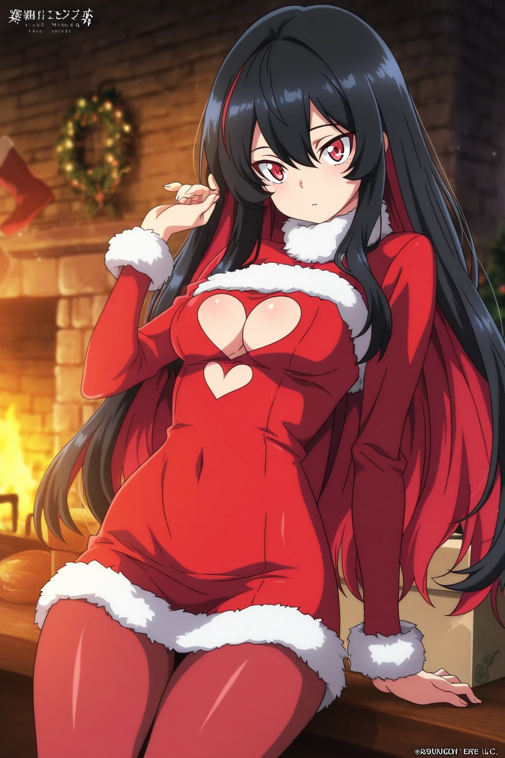 score_9, score_8_up, score_7_up, score_6_up, uncensored, dominique de sade, long hair, black hair, parted bangs, yellow eyes, 24yearold, mature female, BREAK detailed eyes, beautiful eyes, assertive female, (perfect face), (perfect hands, perfect anatomy), detailed skin texture, (blush:0.5), (goosebumps:0.5), excessive sweating, sweating profusely, sweating drop BREAK, medium breasts, narrow waist, 1girl, thighhighs, blush, fur_trim, gloves, looking_at_viewer, solo, bell, navel, on_back, lying, santa_hat, capelet, cleavage, underwear, panties, christmas, embarrassed, blush face, 