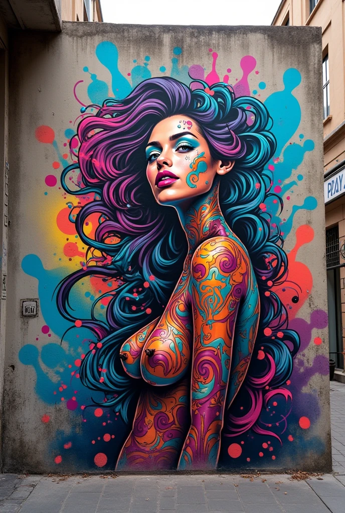 Graffiti style wall, beautiful girl, ruffled lingerie, corset <lora:xl_ruffled_lingerie-1.0:0.6> . Street art, vibrant, urban, detailed, tag, mural