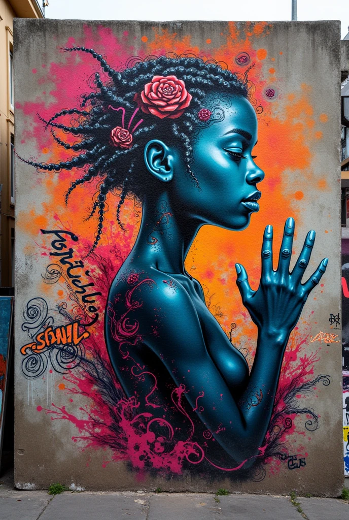 painting of a black woman with big afro hair in the form of drop paintings sitting on the floor graffiti art in the vision of eduardo kobra and ROMERO Brito and the twins in ultra realistic and dynamic in 532k.