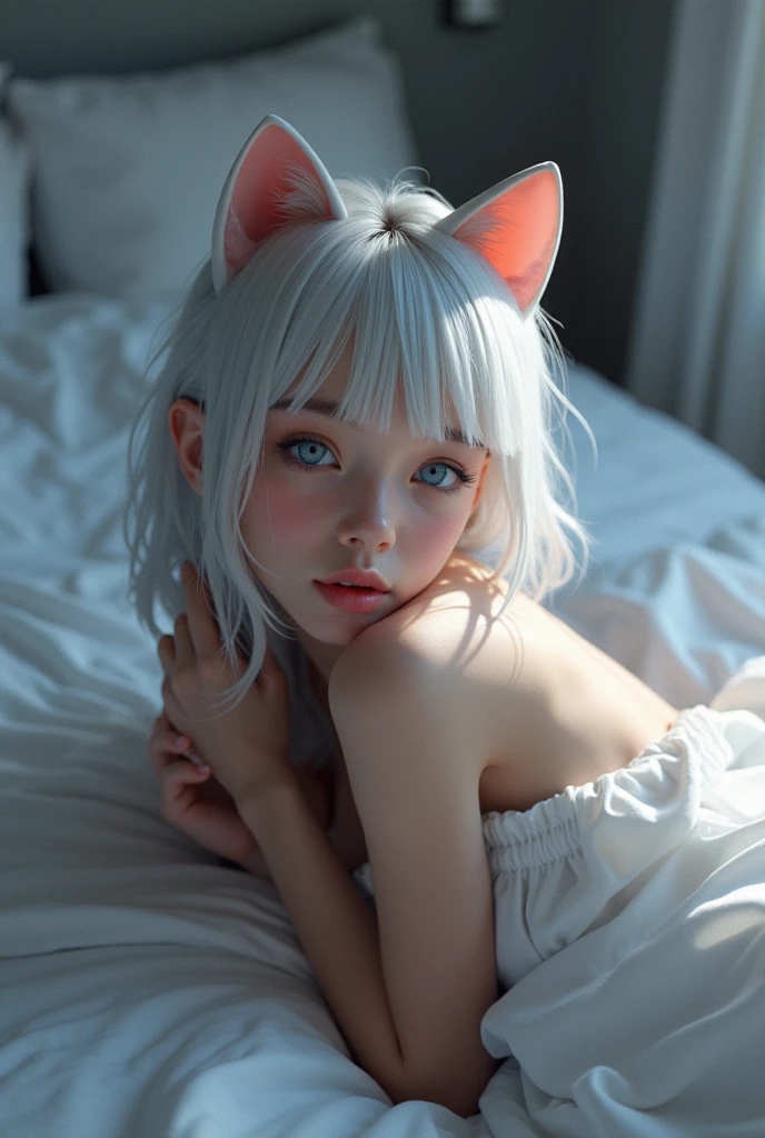 Catgirl lying on a bed, wearing messy white pajamas, blue colored eyes, Caucasian skin, white hair soft smiling expression, perfectbody, messy white sweater, sleeveless shirt, showing a little bit of the chest