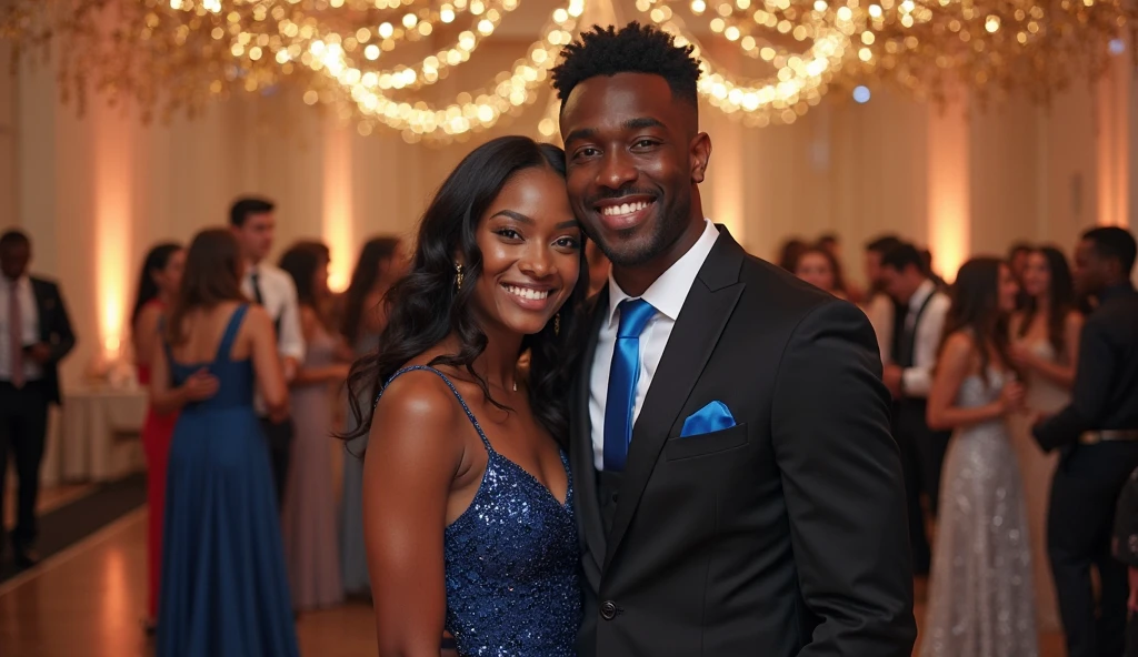 "A African American man with beard dancing with a natural hair African woman at all black gala. His sharp all Blue suit. Her sharp blue dress. The chiaroscuro lighting casts dramatic dark shadows, emphasizing his power and wealth in urban Washington DC"