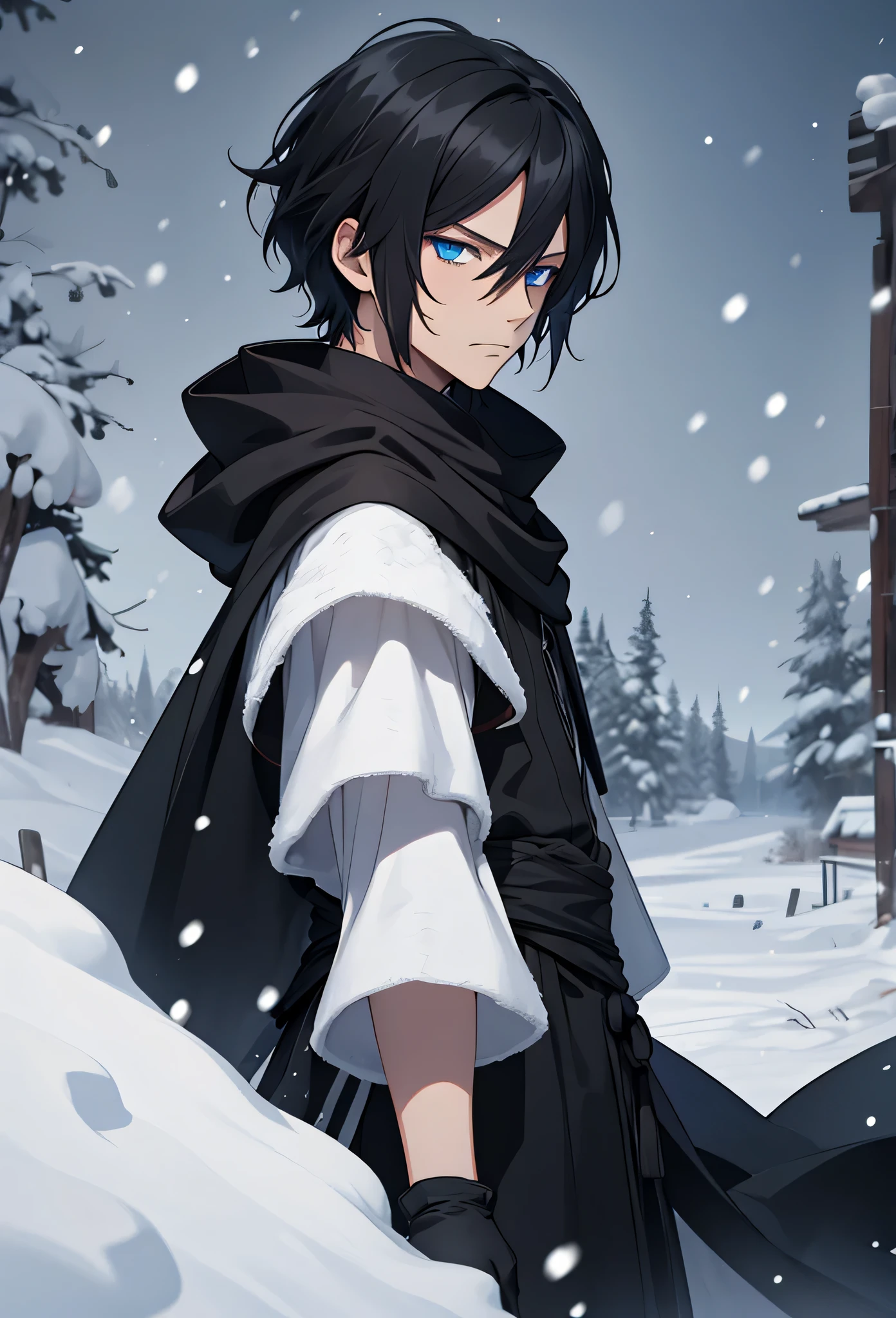 one man, Semi realistic anime style short black hair and blue eyes }, wearing black medieval clothes and a black winter robe with snow skin, wears black gloves, cold expression , in a snowy landscape