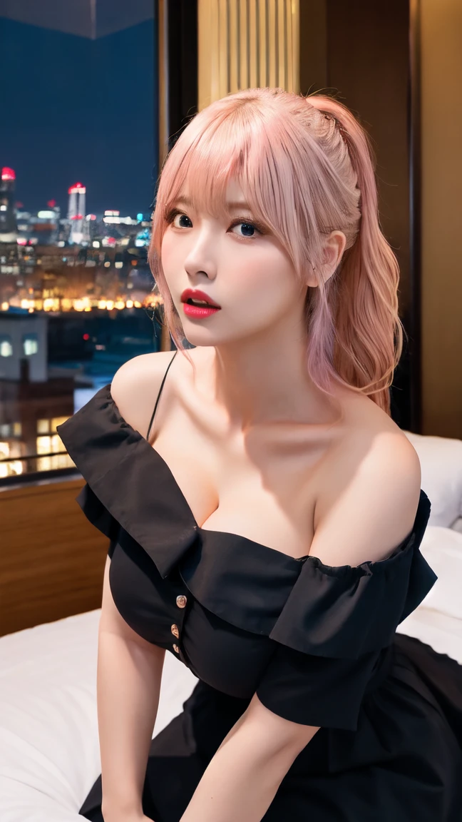 (8k, RAW photo, best quality, masterpiece:1.2), (realistic, photo-realistic:1.4), (extremely detailed 8k wallpaper), Japanese 20 age woman, She’s wearing comfortable wedges and stylish accessories, her hair in a casual updo. The image captures her full body against the backdrop of a stunning cityscape at dusk, emphasizing her laid-back style and the romantic evening atmosphere,(sexy costume),One-shoulder dress,A smile that invites others,Twintails pink hair ,Her clothes are peeling off and her breasts are showing a little.she is showing cat play
