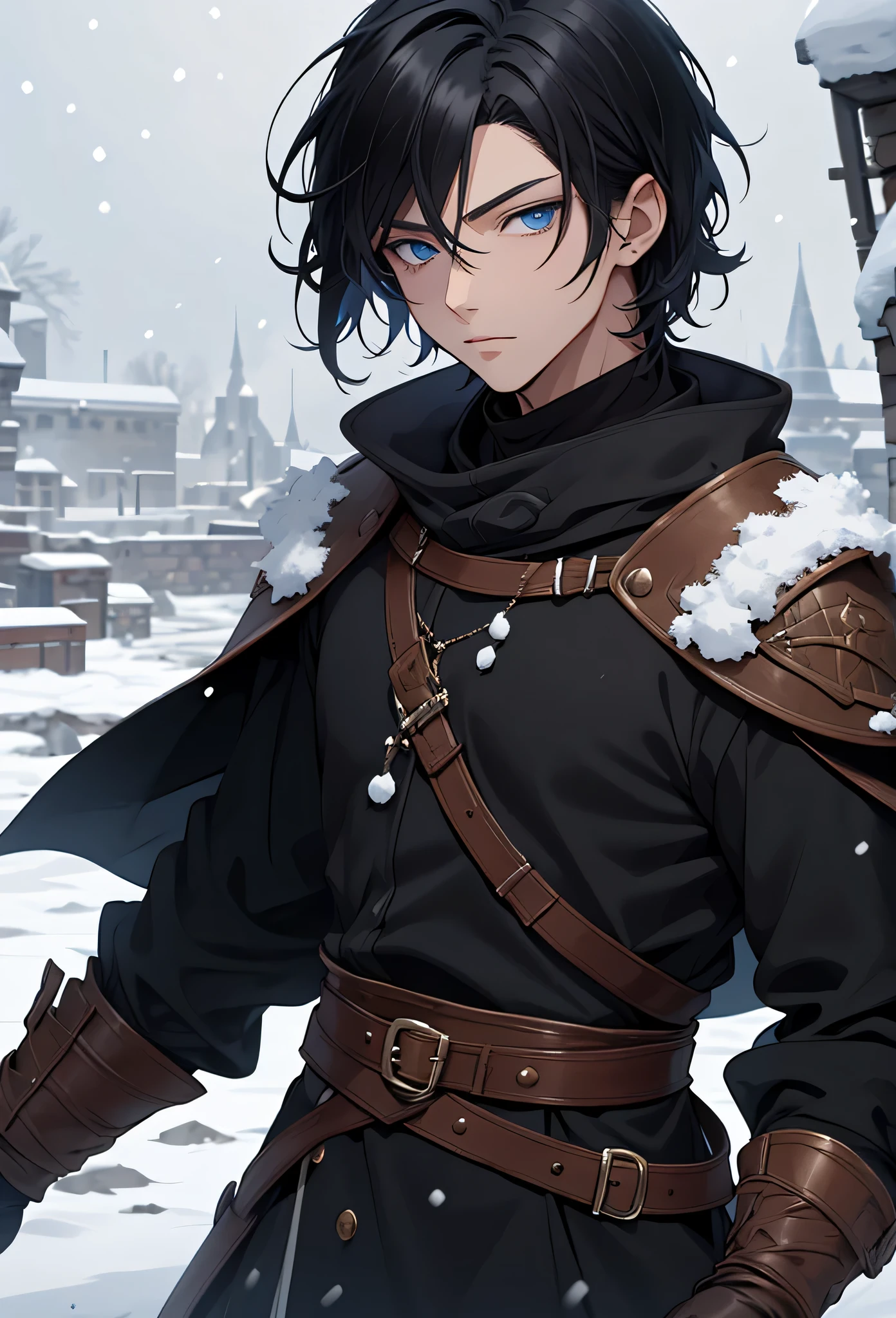 A single man anime style semi-realistic short black hair and blue eyes , beautiful face, He wears black medieval European clothes and a black winter tunic with snow skin, wears black gloves, cold expression , in a snowy landscape