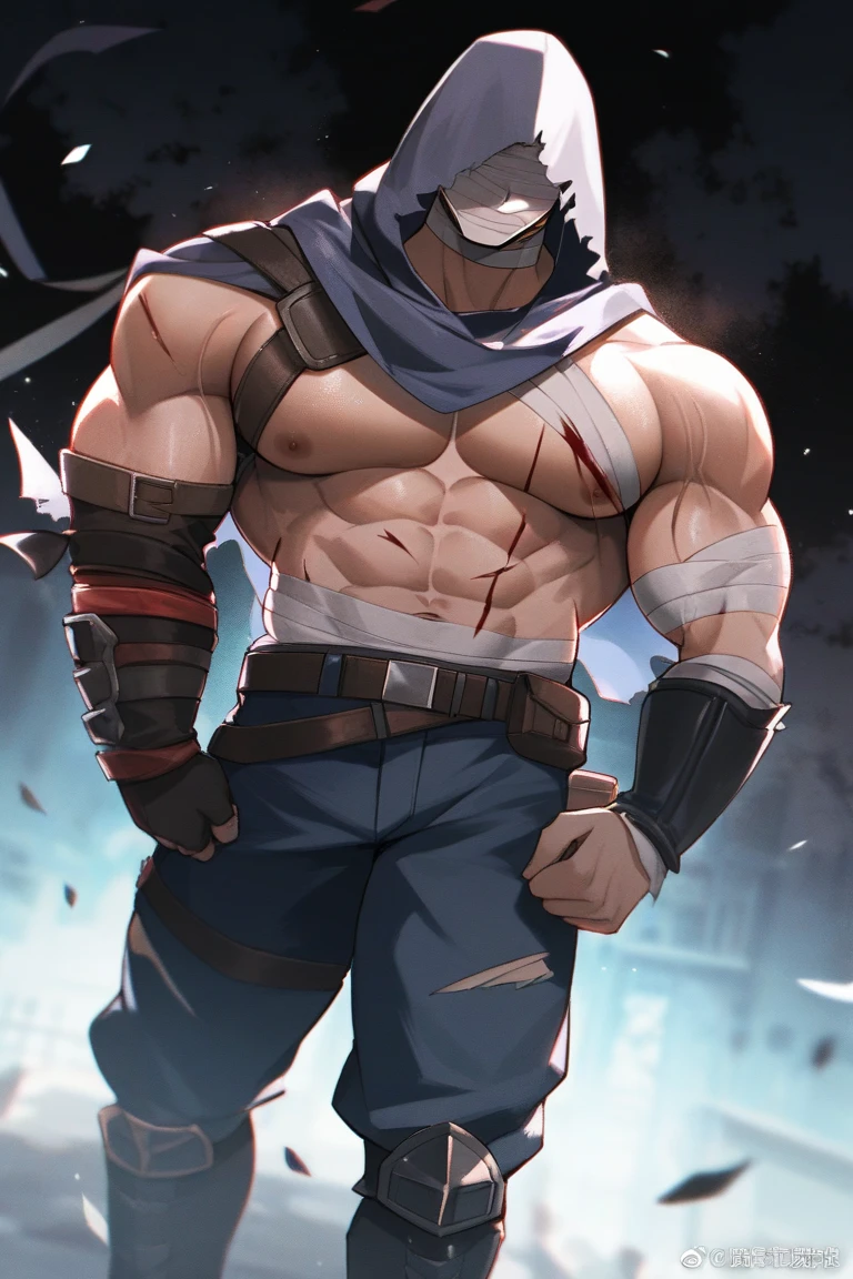 1 girl, muscular, marked abdomen, she&#39;s alone, with large and round breasts, clear skin, black hair, Brown eyes, look of disgust, scar on face, eye patch, blue shirt, black leggings, sports shoes, pose showing the ass to the viewer
