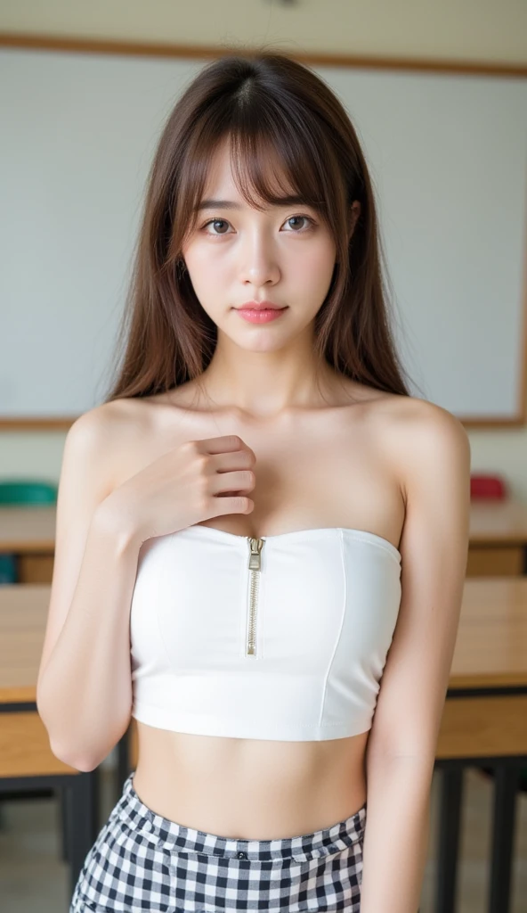 (Best Quality, 8k, 32k, Masterpiece, UHD: 1.2), Depth of Field: 1.2, Black Smoke: 1.1, Cute Japan Woman Pictures, Small Women, 20 Years Old, Beautiful and Perfect Face, long Hair, Ponytail, Brown long Hair, Beauty Face, Slender: 1.2, Huge Breasts: 1.2, Complex Details, Cinematic Feeling,Shy, Panic face, mouth open and pleasant-looking face, cowboy shot, composition with no face visible except for women, looking at breasts, embarrassed: 1.2, crowded classroom: 1.37, crowded teammates: 1.37, emphasis on the armpits, long dress, thin fabric, thong, mekosuji, crotch open, pubic hair is very much protruding, clothes with exposed breasts, exposed breasts from the side, exposed armpits, exposed navel, (molested, surrounded by tall men on a crowded classroom, body in close contact with men, hands put in the lower half of the body by men, undressed by men, covered lift, skirt lift: 1.1), (beautiful nipple slip: 0.9)
