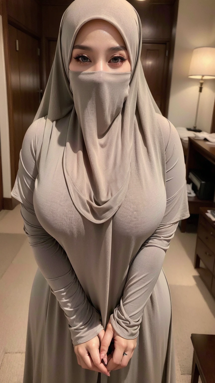 8K, high quality, nice lighting, soft lighting, realistic, Sexy, big breasts, thighs, wide hips, malaysia dress, black dress, long sleeves, sexy lady, asian, hijab, niqab, sexy pose, showing big thighs, nice body, natural largest breast, wearing rings for woman, Jewelry, office girl, sexy posing, hand sock, malaysia girl, full body photography, MILF, mature woman, voluptuous body type, ((huge breast)), exposed breast, detailed hands, perfect hands, detailed fingers, beautiful detailed fingers,Ulzzang face, beautiful detailed eyes, brown eyes, perfect eyes, clear eyes, REALISTIC VEIL HIJAB, NIQABIS