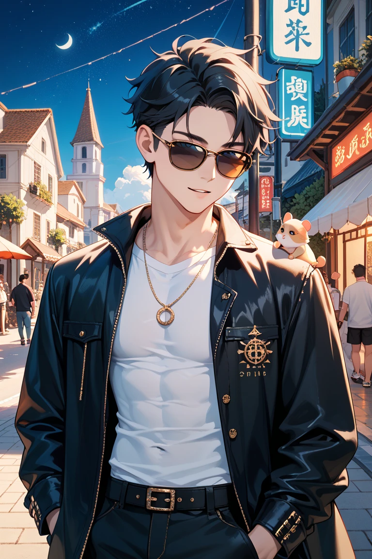realista, 8k , um homem de 20 anos , oriental, john lenon style sunglasses , (oculos escuro pequeno e redondo)cabelo kpop, sorridente, porte magro, com um pouco de musculo, peso pena, com barba e cavanhaque
