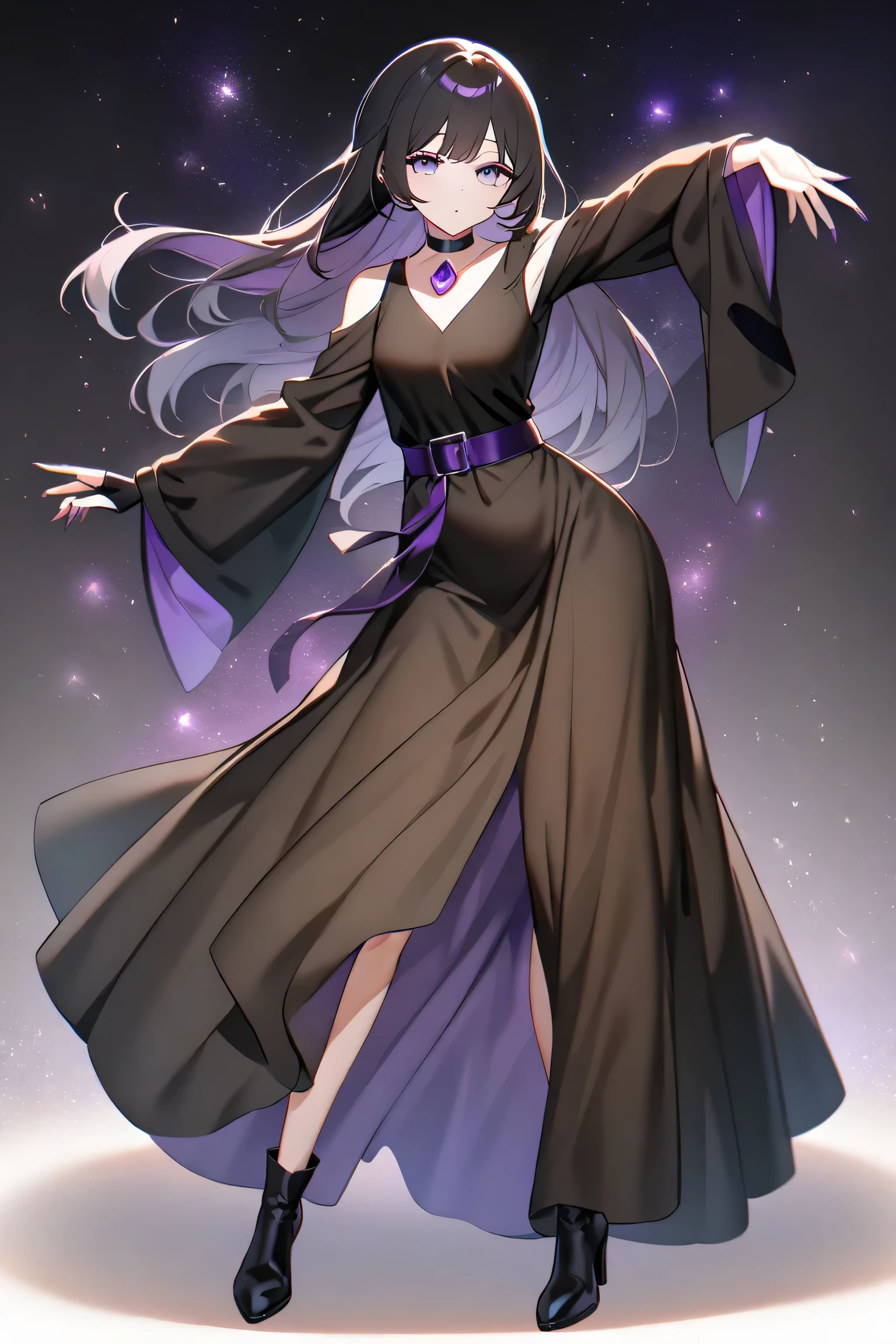 choker, black dress, long dress, shoulder cutout,Girl:
Hair: Long, beautiful, slightly messy purple hair, styled beautifully, straight and reaching to her hips.
Eyes: Calm, gentle gaze, beautiful eyelashes, beautiful, starry-eyed purple eyes, innocent and sweet.
Body: Slender, pretty, with nice curves, long fingernails, wearing a simple party dress, a two-layer skirt, long, wide sleeves, fingerless gloves that show her nails, simple, heeled boots, wearing a belt that covers above the navel to just below the waist with a circular purple stone in the center.
Full body, dance pose, elegant, beautiful, attractive, beautiful, sweet character.