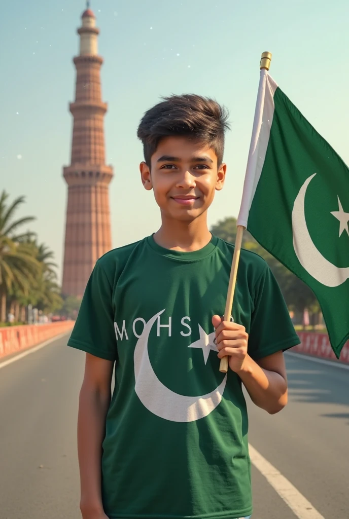 A real 22years old boy, Wearing green T shirt blue jeans sneakers and the name “Gulam Hussain is written on his t-shirt and the boy is standing on the road with holding a national flag of Pakistan and behind him is the Lahore And written on sky “Independence Day” Create Realistic image high quality..