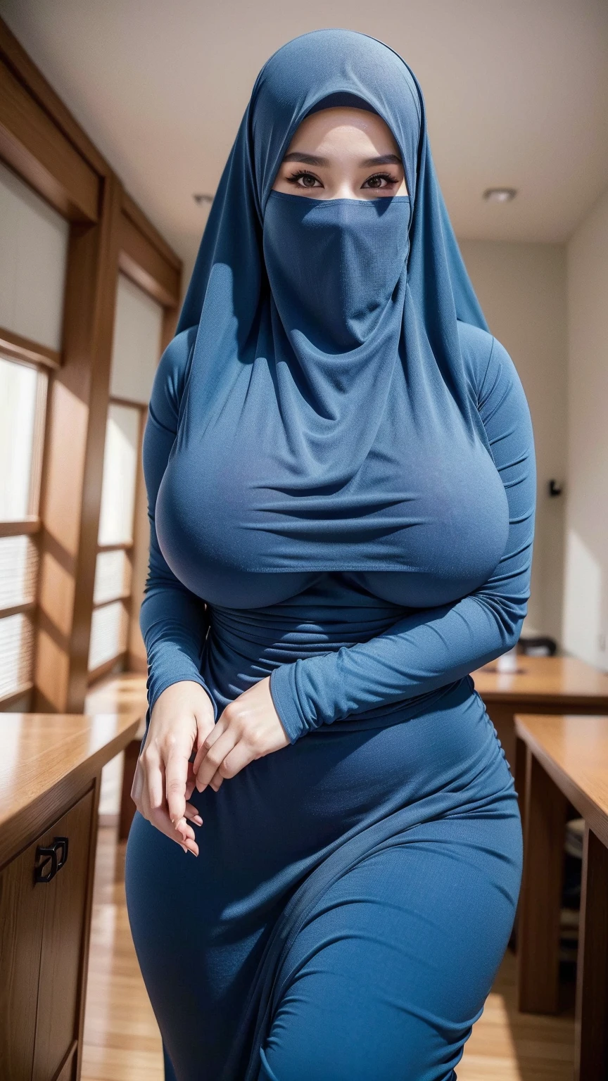 dynamic standing pose, full body photography, front view, looking at viewer, looking at audience, vaginal, (hijab), ((premium silver latex dress)), MILF, mature woman, voluptuous body type, hourglass figure, ample physique, defined waistline, THICC body type, THICC thigh, muscular thigh, perspective, highly detailed, illustration, ((huge breast)), exposed breast, detailed hands, perfect hands, detailed fingers, beautiful detailed fingers,Ulzzang face, beautiful detailed eyes, brown eyes, perfect eyes, clear eyes, (office background), (((masterpiece))), ((best quality)), ((intricate detailed)), ((Hyperrealistic)), 8K, absurd res, real-life precision, life-like depiction, ultra-realistic detail, unmatched realism, ((film grain, jpeg artifact, noise effect, grainy effect)), office girl, malaysia girl, huge breast covered, sexy, big breasts, thighs, wide hips, Jewelry, sexy lady, asian, hijab, niqab, sexy pose, showing big thighs, nice body, natural largest breast, wearing rings for woman, office girl, sexy posing,