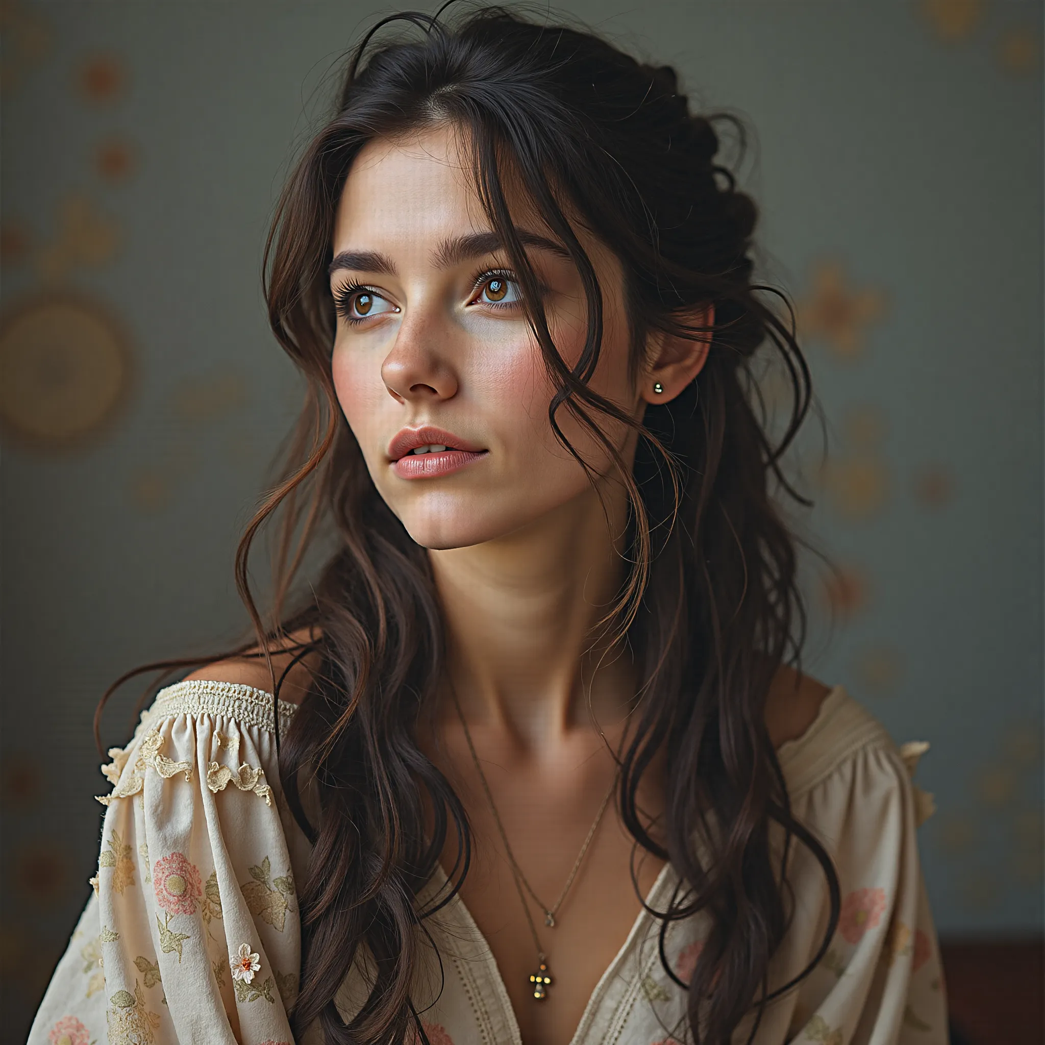 BJ_Lazy_moment,1girl,solo,long_hair,breasts,brown_hair,cleavage,brown_eyes,jewelry,medium_breasts,sitting,necklace,lips,looking_to_the_side,window,wavy_hair,looking_away,curly_hair,realistic,nose,train_interior,looking_outside,
cinematic lighting,strong contrast,high level of detail,Best quality,masterpiece,White background,<lora:Lazy_moment:0.7>,