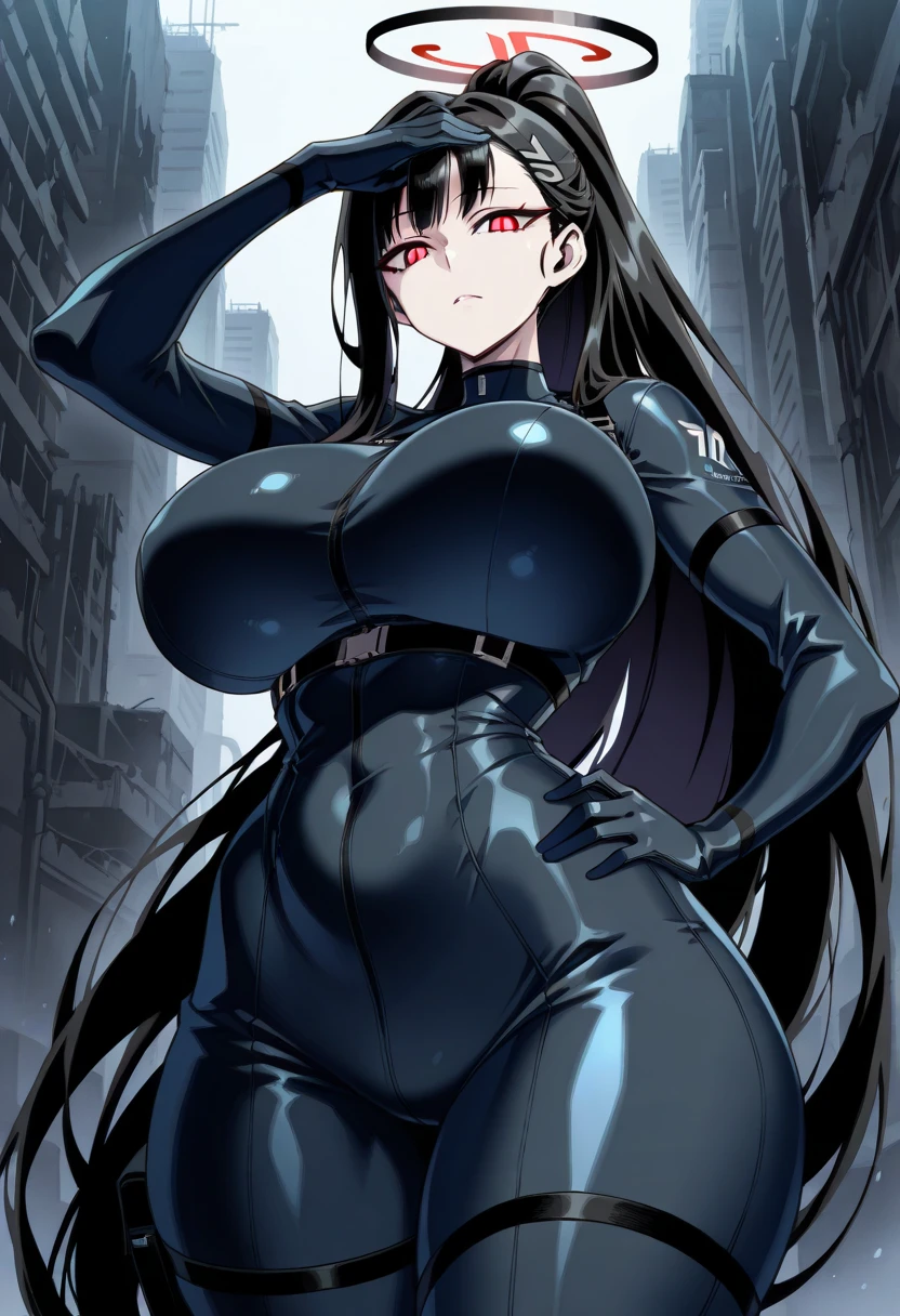 1 girl, black hair, extremely long hair, large breasts, (muscular), thick thighs, fishnet bodysuit, solo, yellow eyes, navel, abs, angry, pale skin