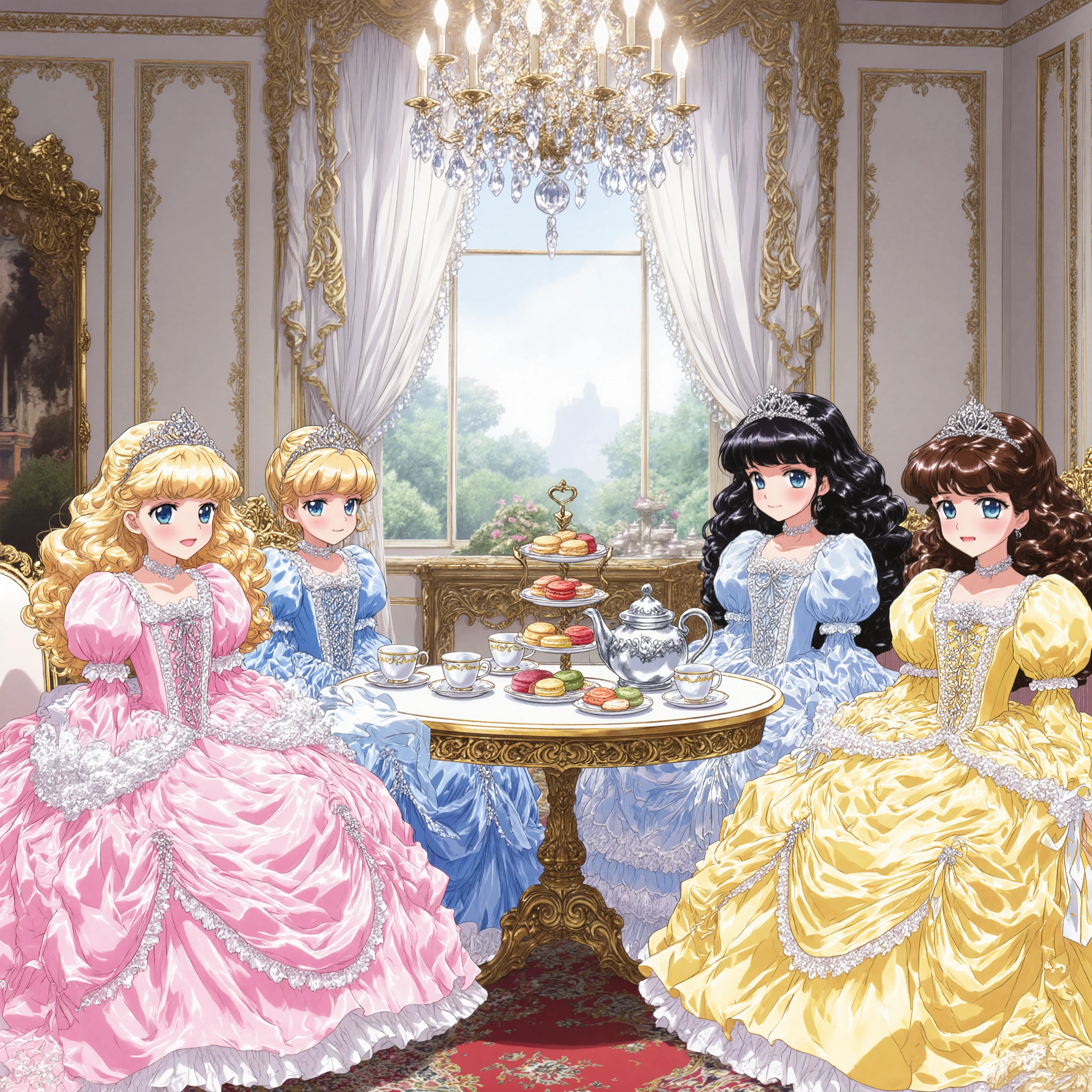 highest quality, masterpiece, highest resolution, artwork, super detailed,((retro anime style,anime screencap,hi vision:1.5)), Four Beautiful little Princesses, 12 years old,little girls, Big Eyes,blue eyes,Long eyelashes, A gentle smile,open mouth,round hoop skirt,Lots of lace and frills with the dress, detailed corset with ribbons,tiara,long sleeve,puff sleeves ,long dress,dress has Lots of frills and ribbons,Lavish Palace Tea Room, Elegant Moments of Afternoon Tea,:
- Princess in a Light Purple Dress: Elegant Blonde Hair, Pearl Tiara
- Princess in a Pink Dress: blond curly hair, Diamond Hair Ornament
- Princess in a Light Blue Dress: half up black hair, - Princess in a yellow Dress: brown curly hair, Diamond Hair Ornament ,Crystal Crown Antique Luxury Tea Set:
- pure white fine bone china
- Delicate gold-colored teacups
- silver teapot
- 3 tier cake stand
- Coloured Macarons, Scones, Petite Cakes Elegant Home Decor:
- Crystal Chandeliers
- White walls with gold leaf decorations
- French rococo furniture
- Soft natural light from large windows
- silk drapes
- Persian carpet cinematic light production:
- Natural Light from the Window
- soft sidelights,Elegant bokeh
- An elegant afternoon atmosphere
- soft focus effect in this prompt、Expressing the princesses' glamor。Enjoying Natural Conversation and、I value the harmony of luxurious spaces。