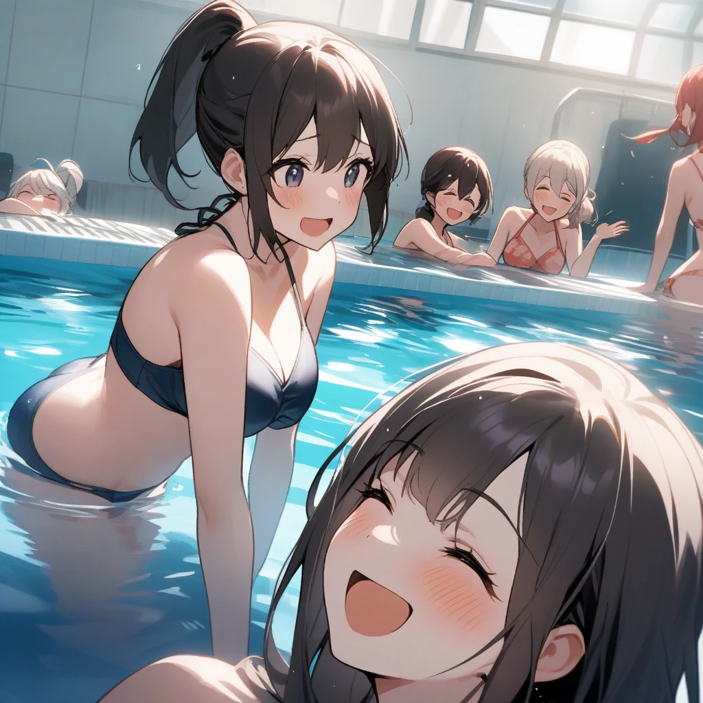 ((Highest quality、8K、masterpiece:1.3))、1 girl、Beautiful woman with slim abs:1.3、(Medium Short Hair、Big Tits:1.2)、dress:1.1、Ultra detailed face、Detailed eyes、double eyelid、Gal、(((Beautiful girl)))、(((Colorful Bikinis)))、Beauty、((Big Tits：1.9))、Large Breasts、Emphasize the chest、Laughter、Attractions、Pool、Glowing Skin、Joining forces、Black-haired