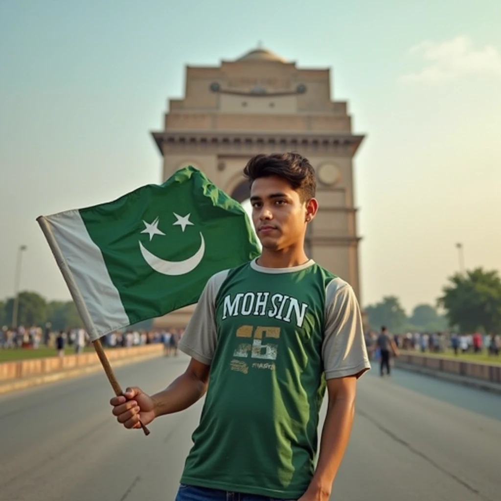 14 August ki photo flag Pakistan ka jhanda background Lahore minar-e-pakistan and bike khadi ho Piche name Kiran shirt sabaj