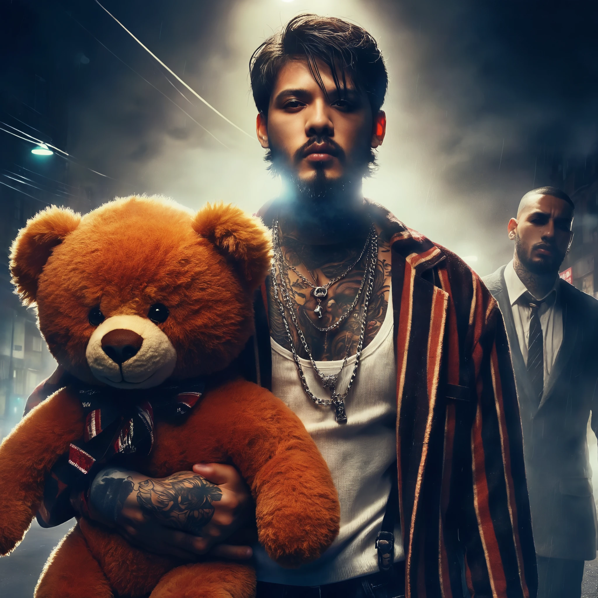 Realistic image、realistic photo style、A street gang is holding a teddy bear、THRILLING IMAGE、dramatic images、