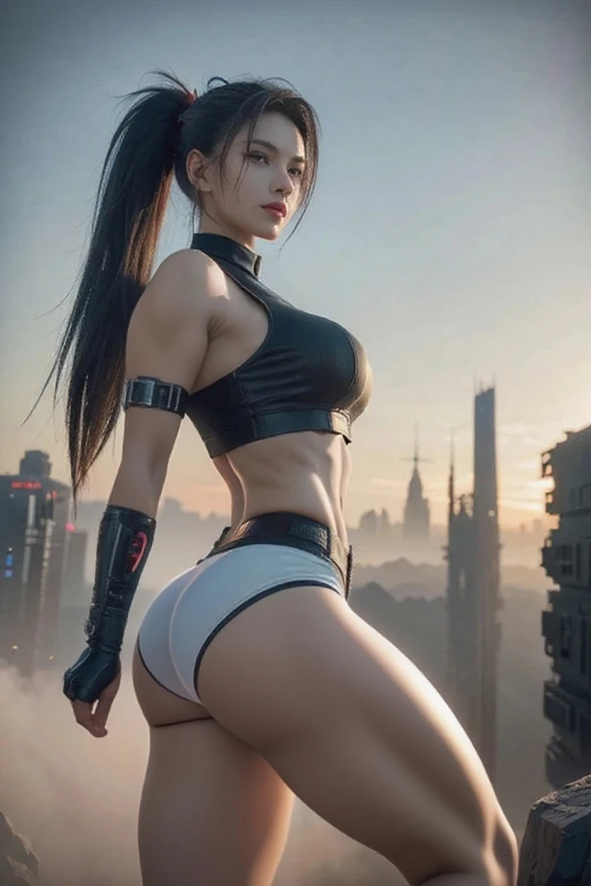 Best Quality,masutepiece,8K Wallpaper,absurderes, hight resolution, ultra-detailliert, (whole body-:1.3)(1 young Beautiful girl, 25-years old,big breasts,big ass,Solo:1.3),Tifa Lockhart)sitting on the edge of the well,,starry sky stargazing,,shot from a side angle, ,Facing left,Shot from the side:1.3