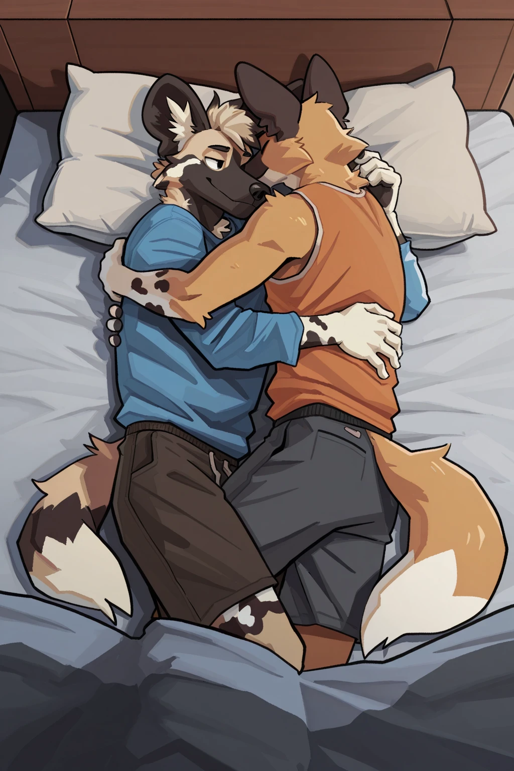(SFW) ((Cute, furry, Australian Shepherd dog boy femboy wearing white panties with a bulge and light gray thigh-high socks, best quality, no nsfw parts)) cuddling with ((Cute, furry, gray wolf boy, who is shirt less and wearing blue jeans))