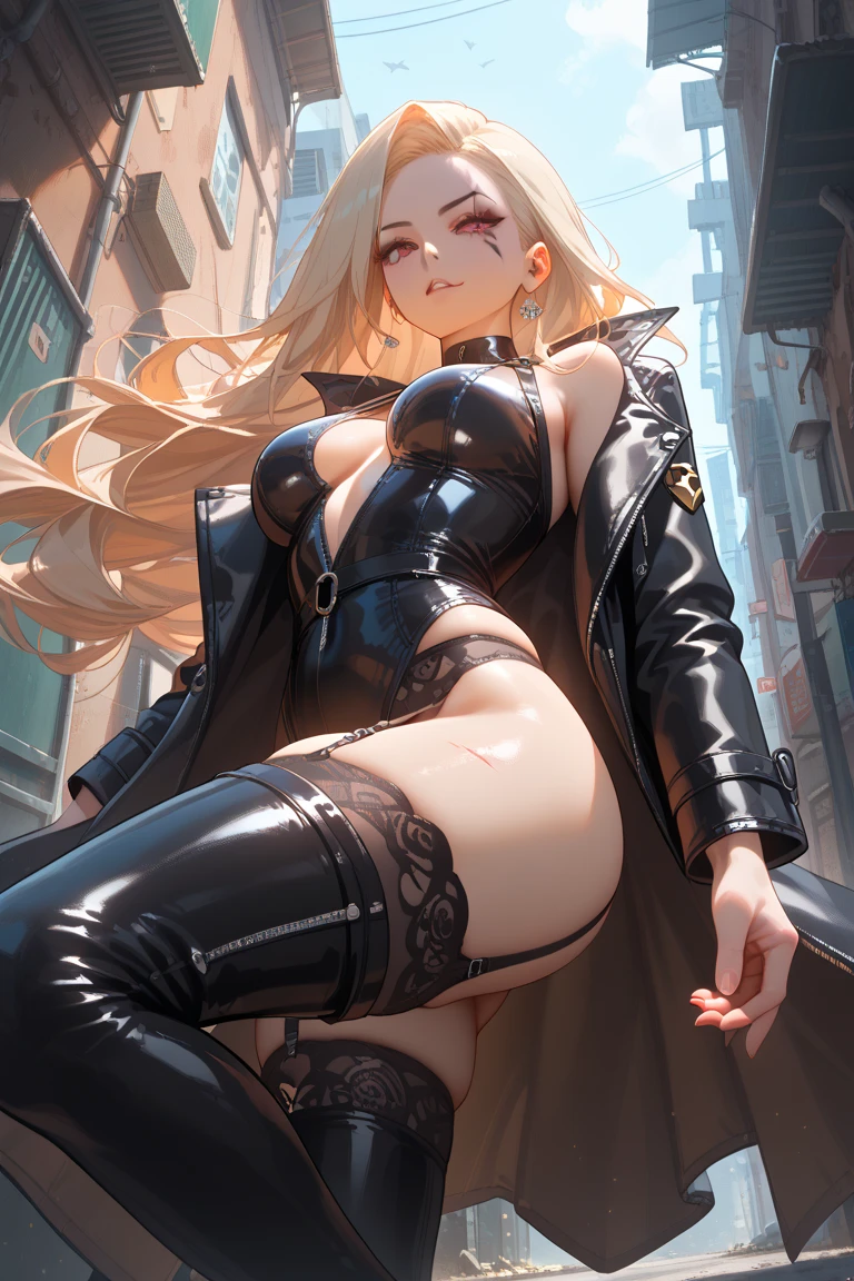 (Raw photo:1.2), (Photorealistic), Beautiful detailed girl, Very detailed eyes and face, Beautiful detailed eyes, Huge file size, High resolution, Very detailed, Best Quality, [masterpiece:1.6], Illustration, Very detailed, Fine detail, Best Quality, 32K Wallpaper, in a modern futuristic city, people walk by, after rain, intricate details, beautiful young girl, short height, medium breast, gentle smile, low cut silk tanga and bra, full body photo, back view