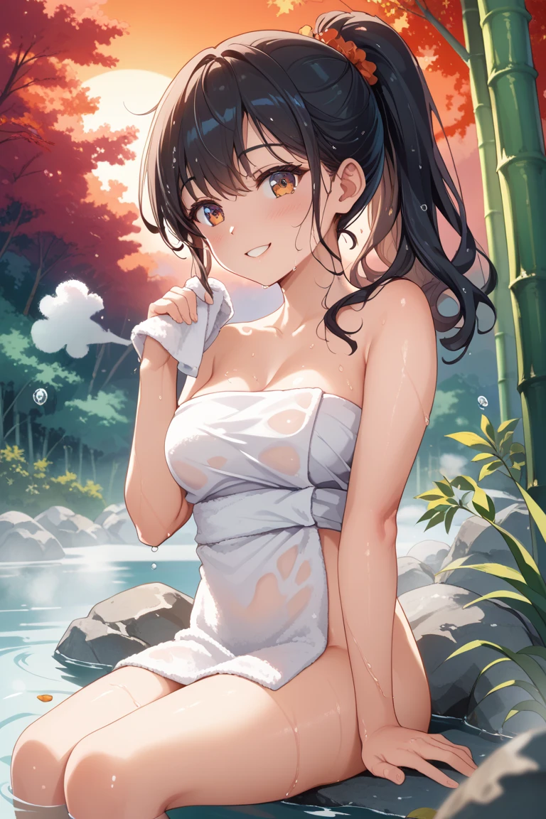 ((Random hair length、Random Body Orientation、Random upper body orientation、Random Pause、ランダムな風景Hot Springs、Random Tree々Hot Springs、random flowers々Hot Springs))、Round face、Young Face、Small Nose、明るいsmile、Random Hairstyles 1,9、 (Blonde:0.8), Messy Hair, Thin Hair, Shiny Hair, break off shoulder sweater,、Random Hair Color 1,9、Hair blowing in the wind、Short braided hair、masterpiece, Confused, highest quality, Very detailed, High resolution, Detail View, Very beautiful detailed face and eyes, Bright colors, 1 girl, (), Cute face, Delicate and beautiful face, Magenta Eyes, Cute eyes, Sparkling eyes, Big eyes, Medium chest, (Firm breasts:1.1), (Pointed Chest:1.1), Medium Hips, attractive body, White skin, smile, break, , Small ribbon,((whole body))、((Beautiful upturned breasts))、(slim style、Slim fit)、(whole body光沢肌、Fair skin)、White bath towel、Small bath towel 1,9、((Wrap a small bath towel around your body.,9.))、((Her skin is visible through the wet bath towel))、(柔らかなNatural light)、((Deep in the forest(Natural hot springs gush out))、((Hot springs surrounded by rocks))、((deep bathtub(deep hot spring))、((Onsen Girls))、((Enter the hot spring))、((Sitting in the hot spring))、((Soak waist-deep in hot springs))、((Inside the bathtub、Sit with your butt down))、((Swim in the hot springs))、((Woman in the water(Above the shoulders is out of the water))、(A lot of steam is rising from the bathtub..))、((A hot spring with thick steam))、((A lot of steam rises from the hot spring..))、((Realistic water、Shimizu))、((Sexy pose)), Real World, Natural light, Perfect lighting,