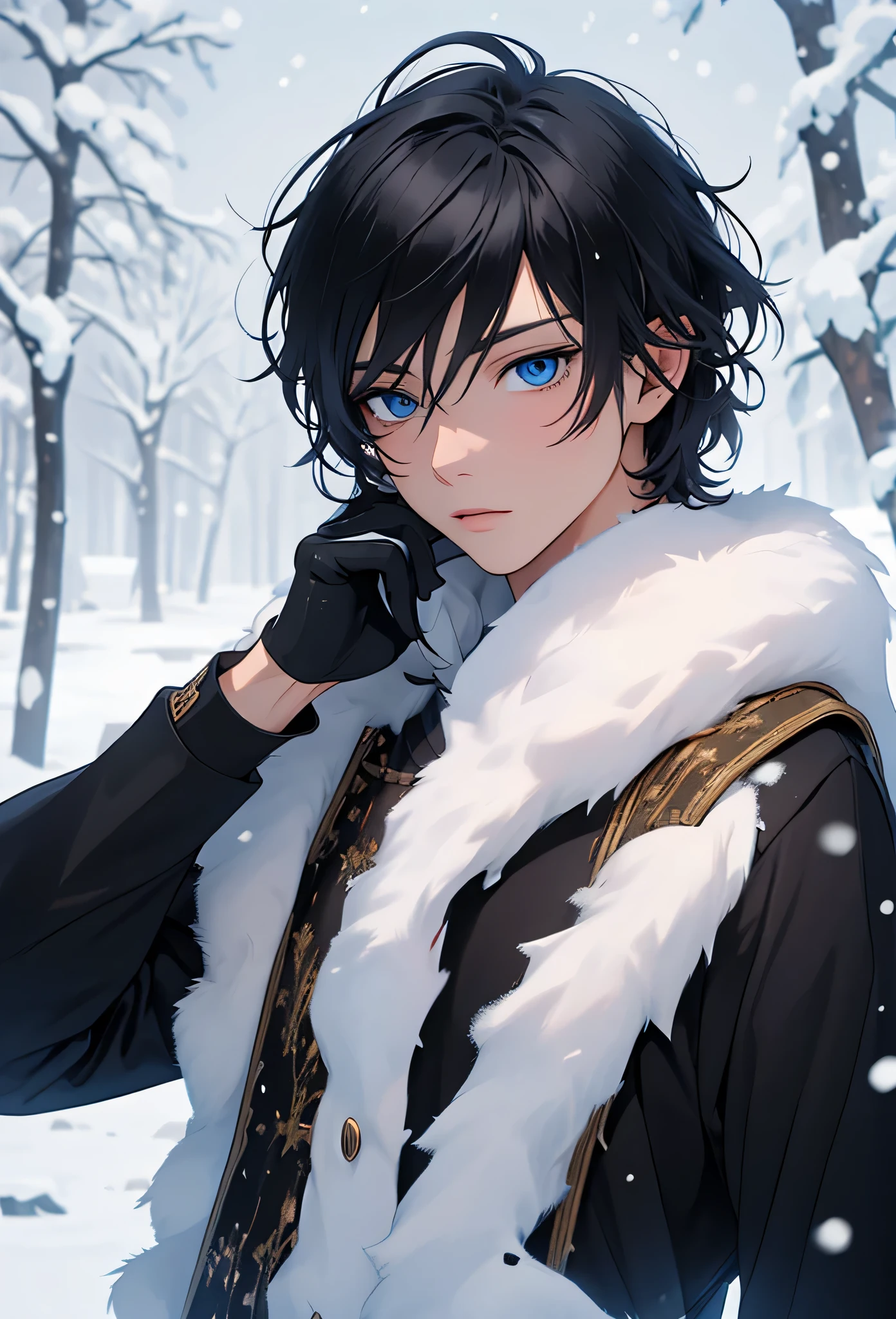 A single man anime style semi-realistic short black hair and blue eyes, He wears black medieval European clothes and a black winter tunic with snow skin, wears black gloves, cold expression , in a snowy landscape