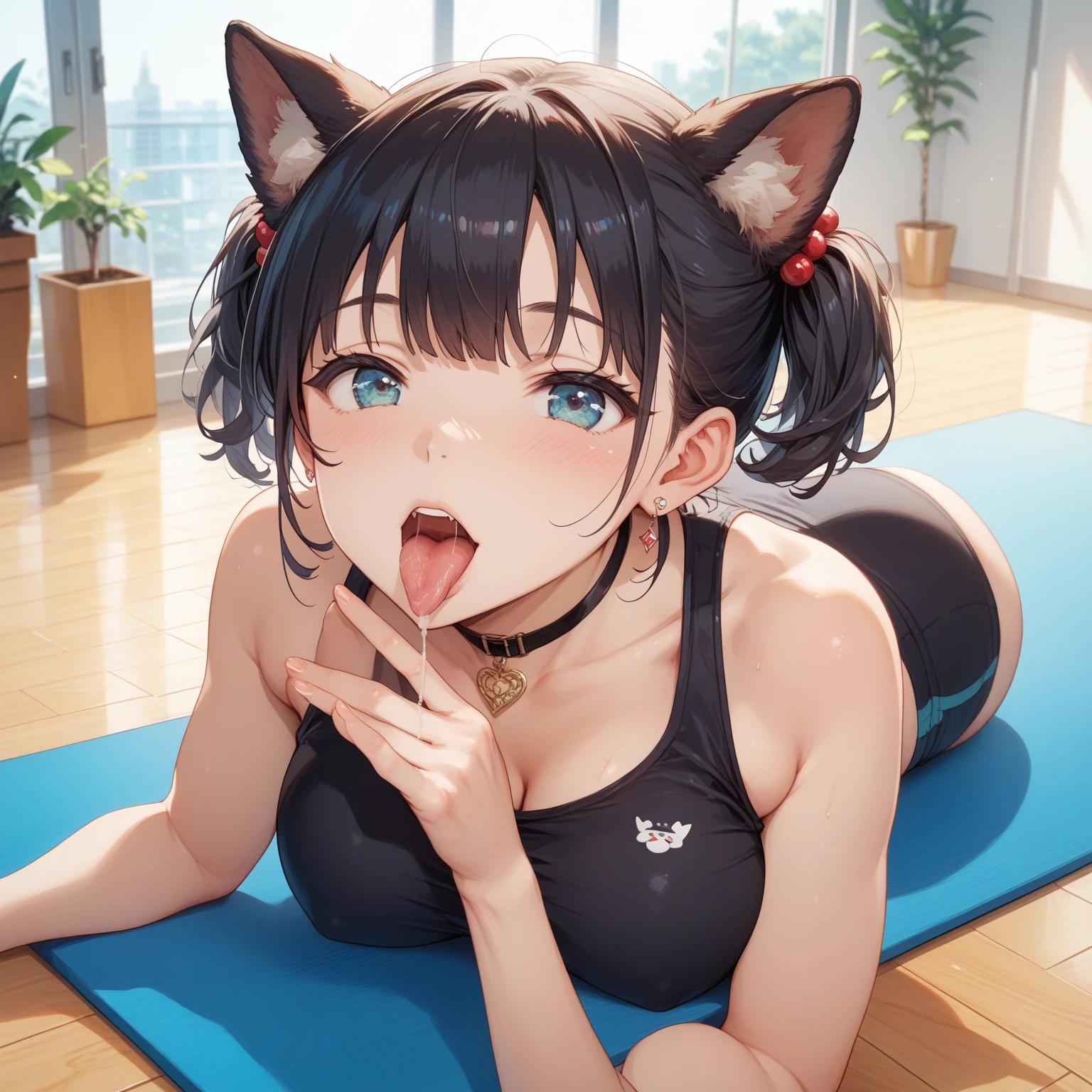 masterpiece, top quality, high resolution, solo, small, indoor, see-through, misaligned bra, side tie T-back, on all fours, from below, anger, bed, disheveled underwear, rough breath, sexual expression