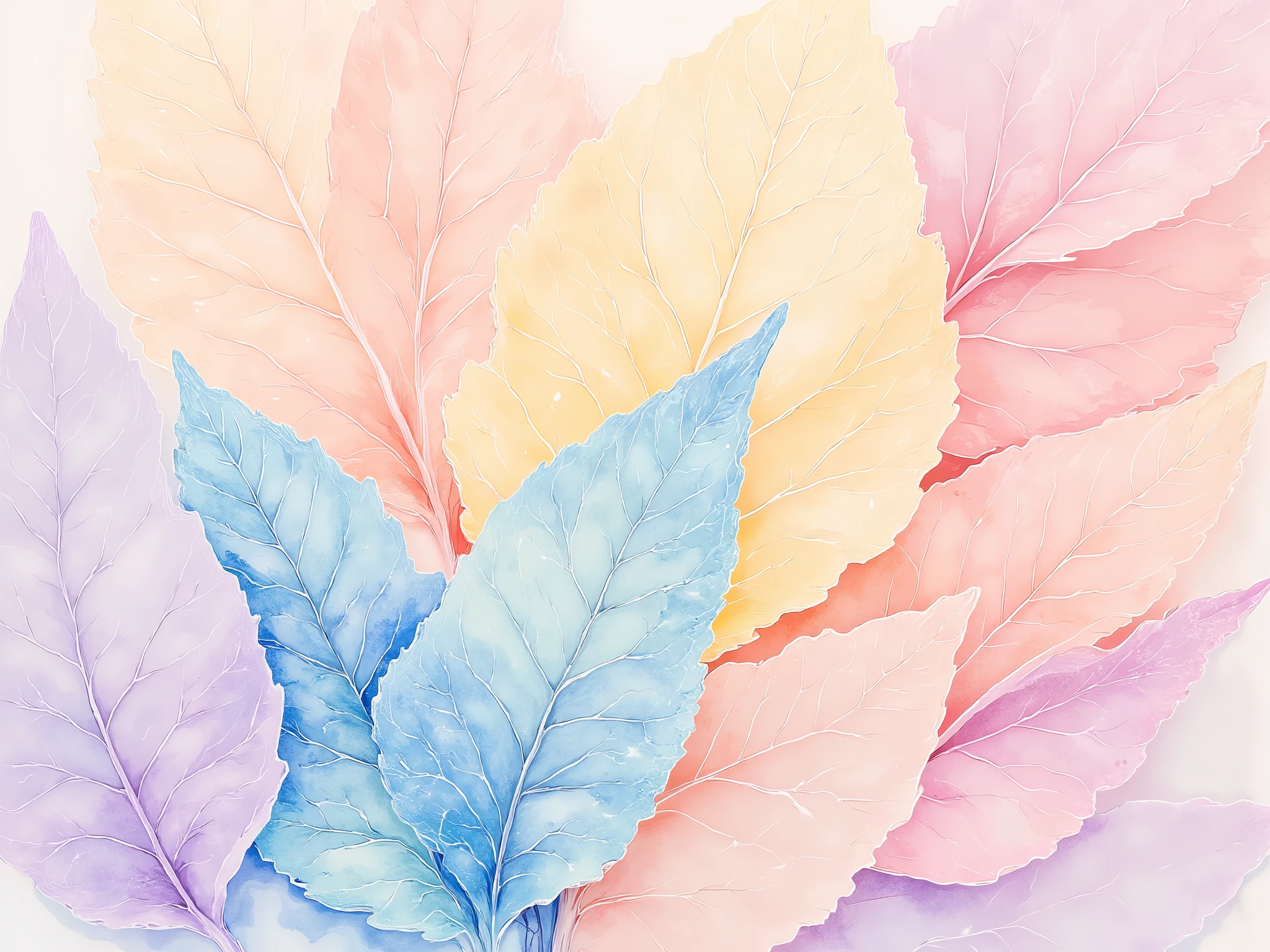 An ultra high-resolution, hyper-detailed illustration of delicate, overlapping translucent leaves in various soft pastel tones. The leaves are arranged in a layered composition, each leaf showcasing intricate vein structures with realistic transparency.
The color palette includes gentle gradients of coral pink, peach orange, lavender purple, sky blue, teal, dusty rose, and soft yellow-green, transitioning smoothly across the surfaces of the leaves.
Each leaf is semi-transparent, allowing the colors and vein details of the leaves underneath to subtly show through, creating a dreamy, ethereal aesthetic. The veins are thin, organically branched, and precisely drawn with slight tonal contrast to the leaf body.
The lighting is soft and diffuse with no shadows or harsh highlights, maintaining a flat but luminous appearance. The image has no background; it is completely filled edge-to-edge with the overlapping leaves in a seamless pattern. The edges of the leaves are gently curved and natural.
The style is botanical and minimalist, with hyper-realistic rendering and watercolor-like softness. No outlines or artificial textures. Pure, clean, artistic elegance.