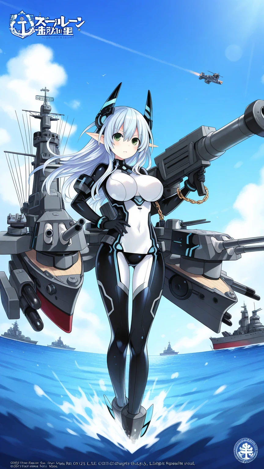 1girl,, huge breasts, white_hair,underboob, long_hair,ice,frozen, sitting,((flat color)), science fiction, turret, war machine, machinery, industrial, the Arctic Ocean, pale skin, skindentation, warship, (mature female), leotard,sea,frozen_sea,cowboy shot,