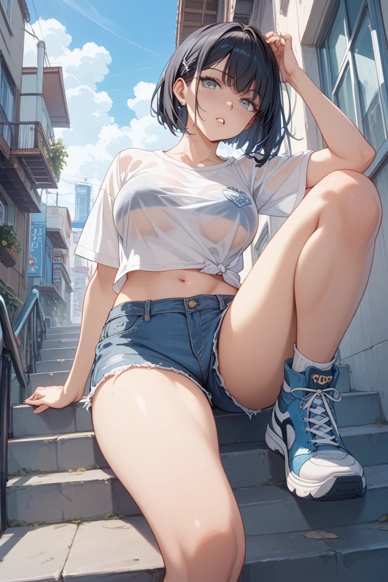 High definition full color image, atmospheric perspective, 8K, Super detailed, Accurate, highest quality, angle from below, woman, ((realistic skin)), black hair、short hair、droopy eyes, ecstasy, sleepy, small eyes, (((Straddle to apply panties to thin decorative aluminum bollards))), small earrings, thin necklace, (Jacket, thin shirt, skirt、Striped panties), (spread legs), (((The swollen areolas are visible through the shirt., under the hair))), hide her crotch with a skirt, in an outdoor factory area,ahegao facial:1.5、Sweat
