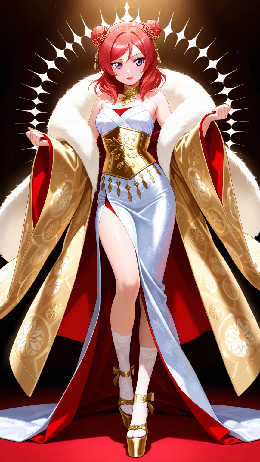 Long silver hair, red eyes, dark skin, big breasts, gold headdress, gold necklace, gold accessories, white evening dress, lying barefoot
