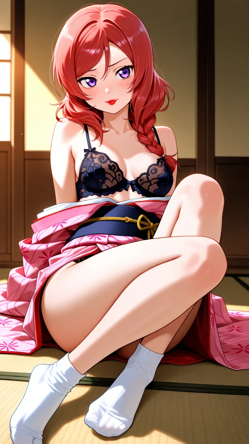 score_9, score_8_up, score_7_up, score_6_up, score_5_up, score_4_up, yu hee, golden eyes, red hair, long hair, thigh, bare sleeve, bright smile, lie, golden eyes, Chinese underwear, traditional underwear, Yukata dress, 