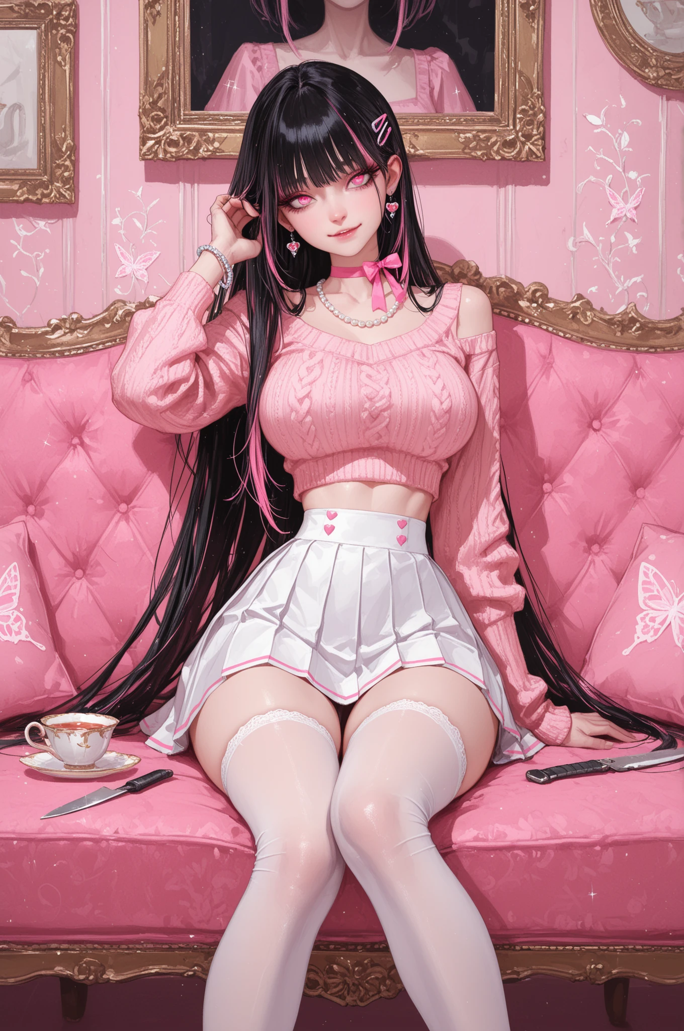 1girl, biker girl, cat ears, cat tail, black hair, pink eyes, roadie, showing v sign with hand, tongue out, playful, playful wink, slender, sinuous, fishnet top, black mini skirt, black boots, technician, backstage