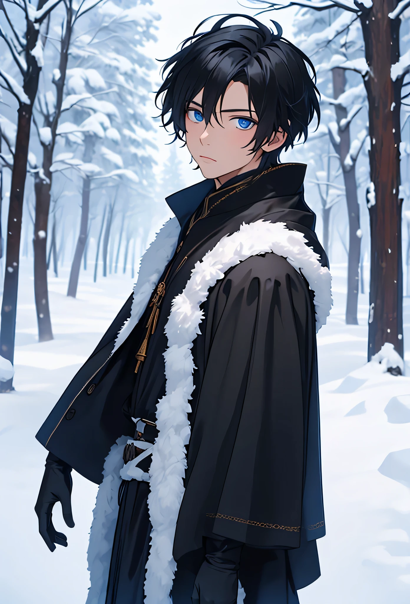 A single man anime style semi-realistic short black hair and blue eyes, He wears black medieval European clothes and a black winter tunic with snow skin, wears black gloves, cold expression , in a snowy landscape