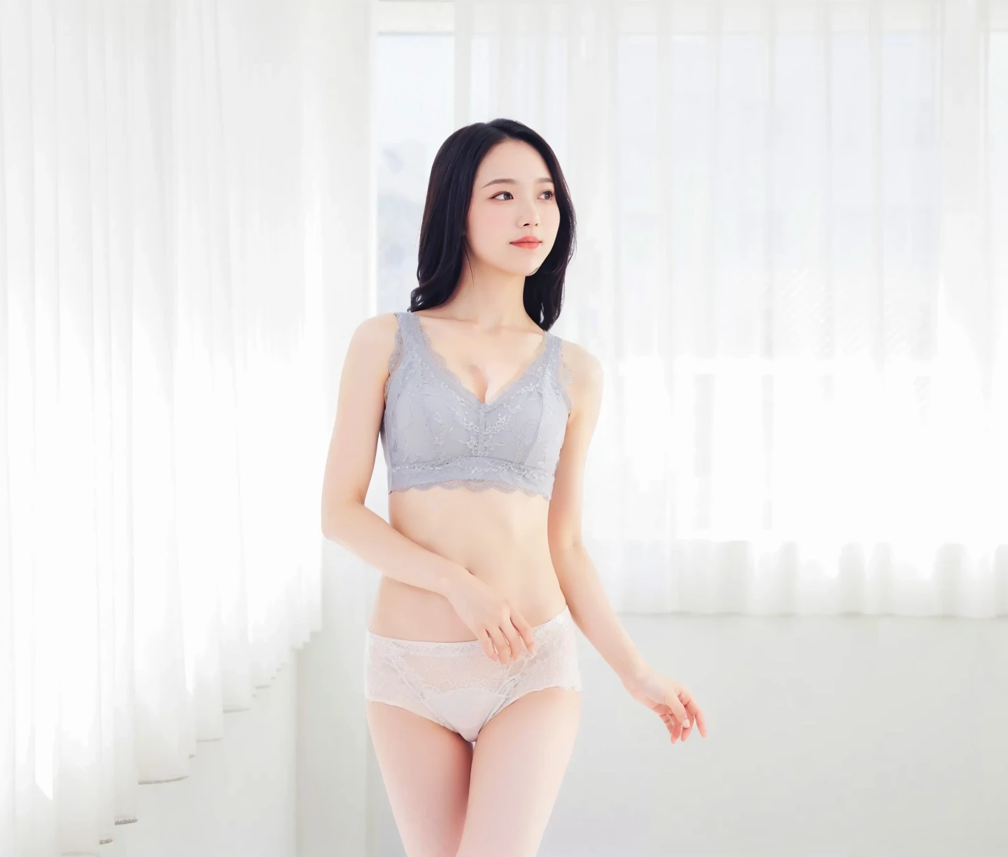 (8K、RAW photography、Highest quality、masterpiece:1.2)、(Realistic、Photorealistic:1.37)、Ultra-high resolution、One Girl、cute、solo, Browsing Caution,Highest quality,masterpiece,8K,Droopy eyes,Big Breasts,Beautiful breasts, Inside the room,, On the bed, Wet sports bra,White sports bra set,White shorts, Highly detailed face, Highly detailed lips, Fine grain, double eyelid, Exquisite detail and subtle sparkle, Photograph her in poses that reflect both grace and confidence, Enhance visual effects with cinema lighting. Use modern 2D design for the background, Create beautiful, balanced compositions. Enhance the scene with elements such as depth of field, bloom effect, And a touch of sparkle, Add a dreamy texture to the overall image. Pay close attention to detail