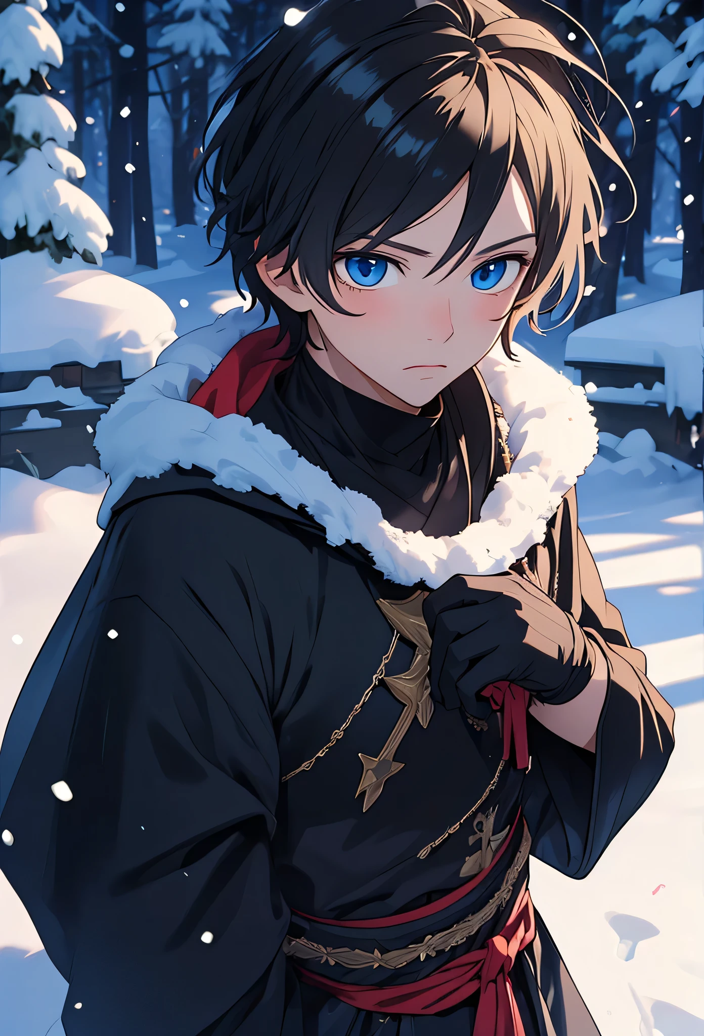 A single man anime style semi-realistic short black hair and blue eyes, He wears black medieval European clothes and a black winter tunic with snow skin, wears black gloves, cold expression , in a snowy landscape