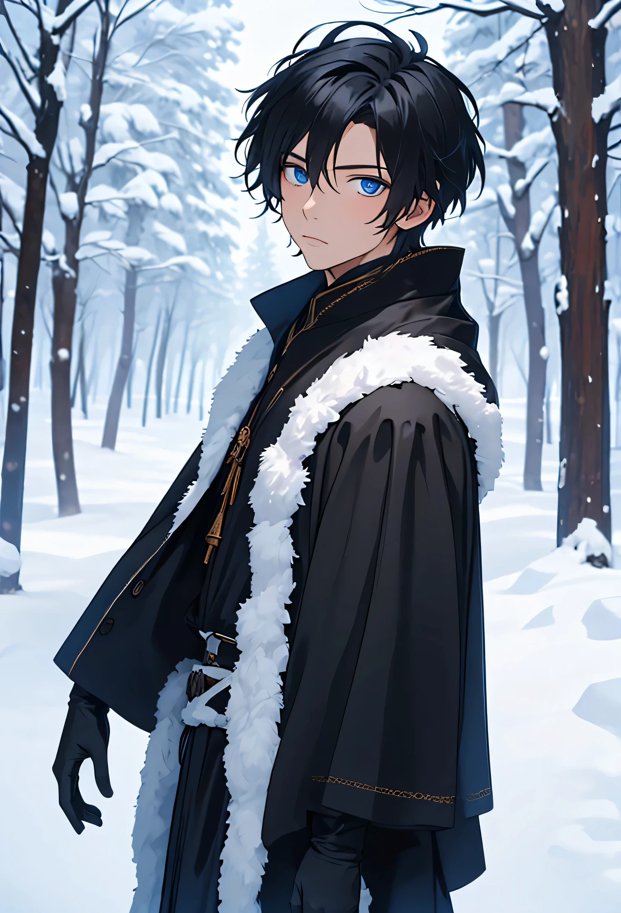 A single man anime style semi-realistic short black hair and blue eyes, He wears black medieval European clothes and a black winter tunic with snow skin, wears black gloves, cold expression , in a snowy landscape