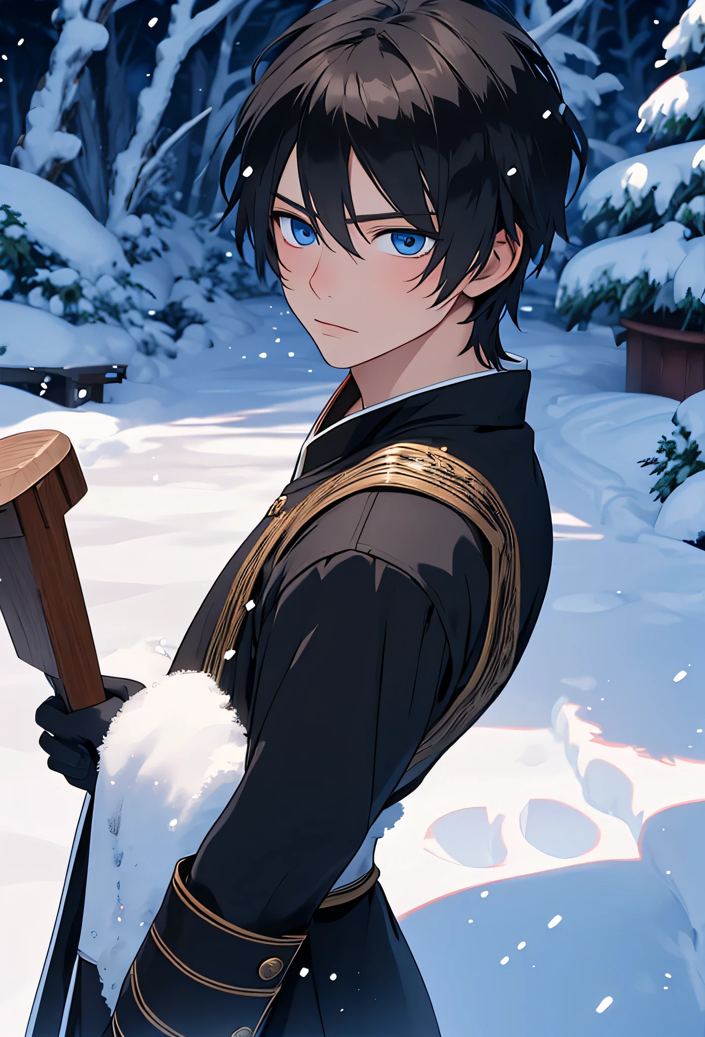 A single man anime style semi-realistic short black hair and blue eyes, He wears black medieval European clothes and a black winter tunic with snow skin, wears black gloves, cold expression , in a snowy landscape