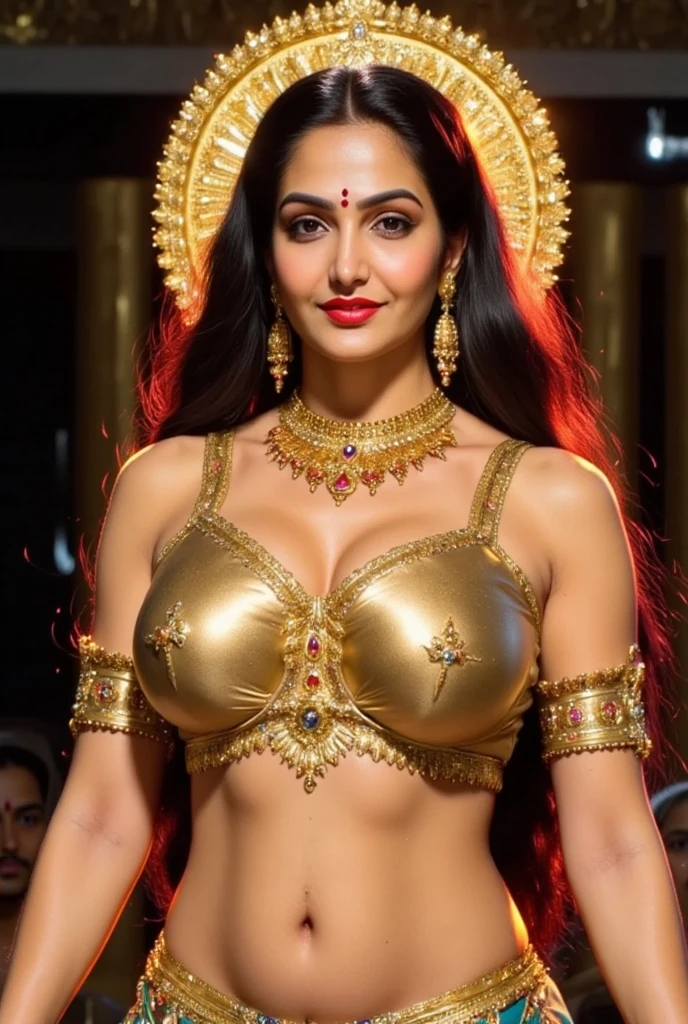 Indian adult model smiling breast large nipple provocative upright dressed only in gold jewelry with the royal palace of the maraja in the background