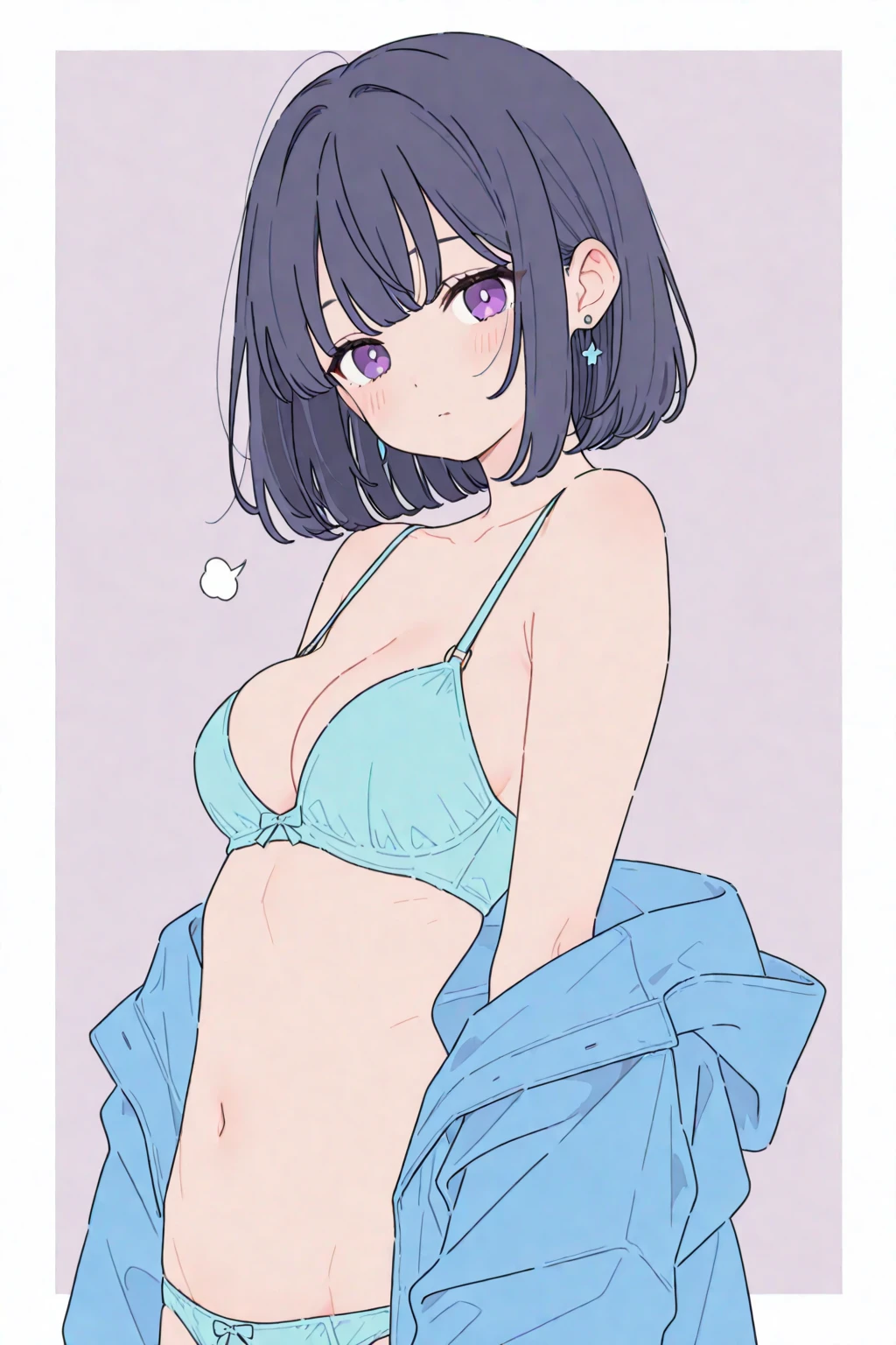 1girl, <lora:backwardsVirginKiller_v10:0.7>, backwards virgin killer sweater, nipples, (extremely detailed CG unity 8k wallpaper), (best quality), (ultra-detailed), (best illustration), (best shadow), dark blue hair, purple eyes, medium breasts, wavy hair, swept bangs, pixie cut, short hair