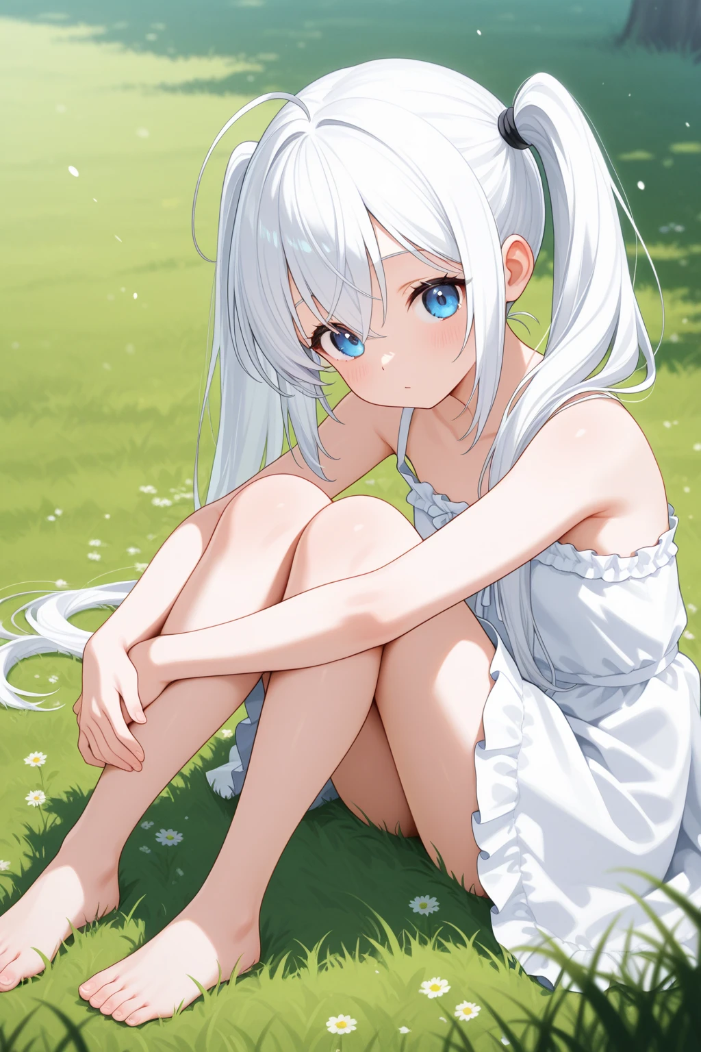 1girl, vanishing girl, crouching, ephemeral existence, ephemeral, facing away, head tilt, messy longhair, melancholic face, looking at viewer, ephemeral white dress, transparency, on transparent lake surface, momentary moment