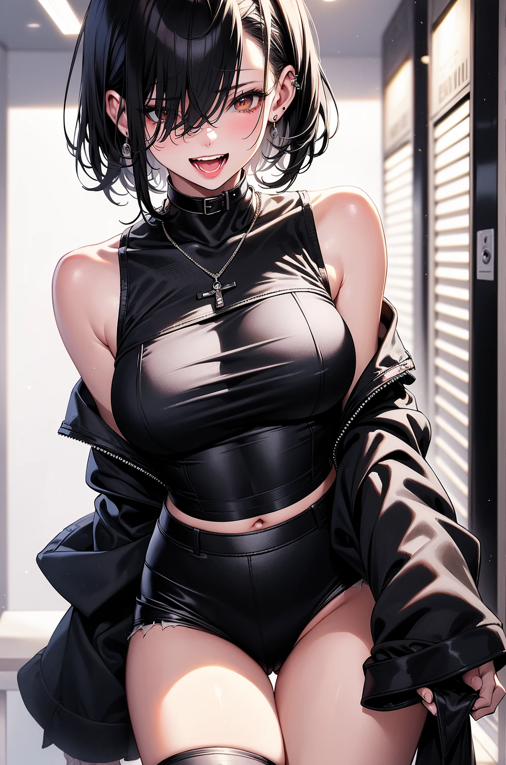 tmasterpiece,high high quality,Best quality,1girl,with short black hair,Green eyes,mediuml breasts,Black tied shirt,Open Stockings Library,black thong,sweatshirts,stocklings,Skeleton hairpins,putting makeup on,Blushlush,Gothic,legs are open